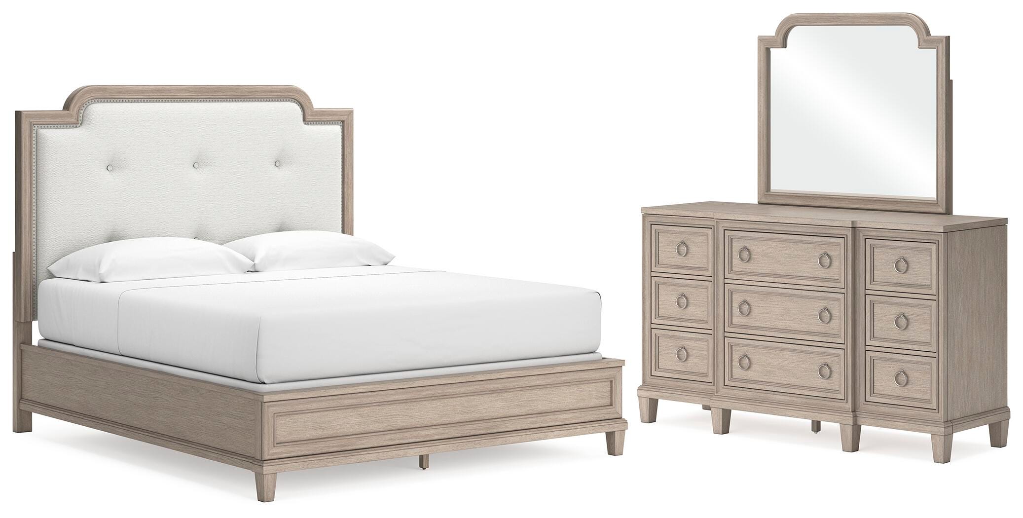Jorlaina King Upholstered Panel Bed, Dresser and Mirror - image 1