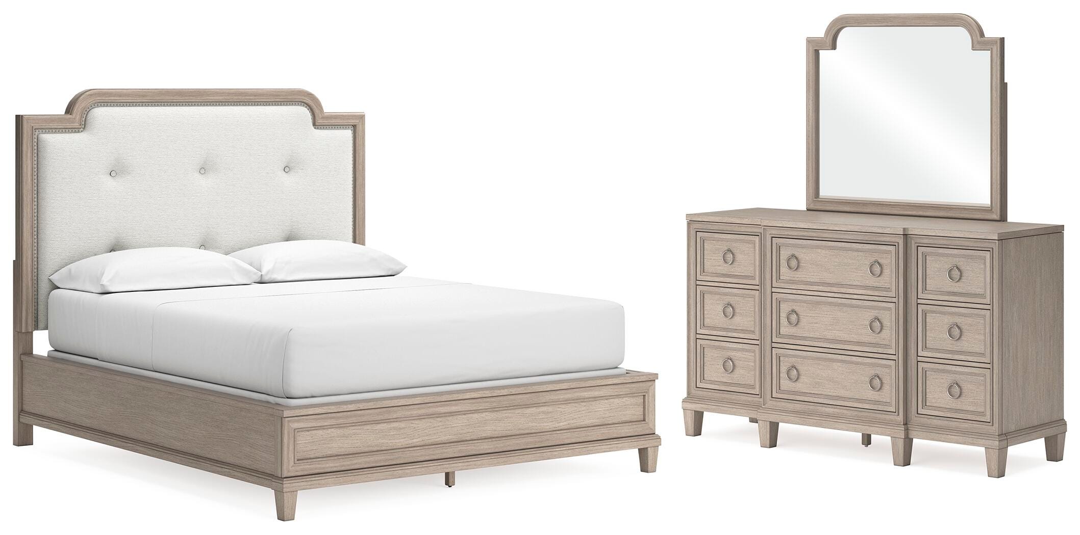 Jorlaina California King Upholstered Panel Bed, Dresser and Mirror - image 1