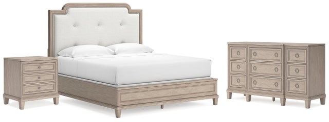 Jorlaina King Upholstered Panel Bed with Dresser and Nightstand