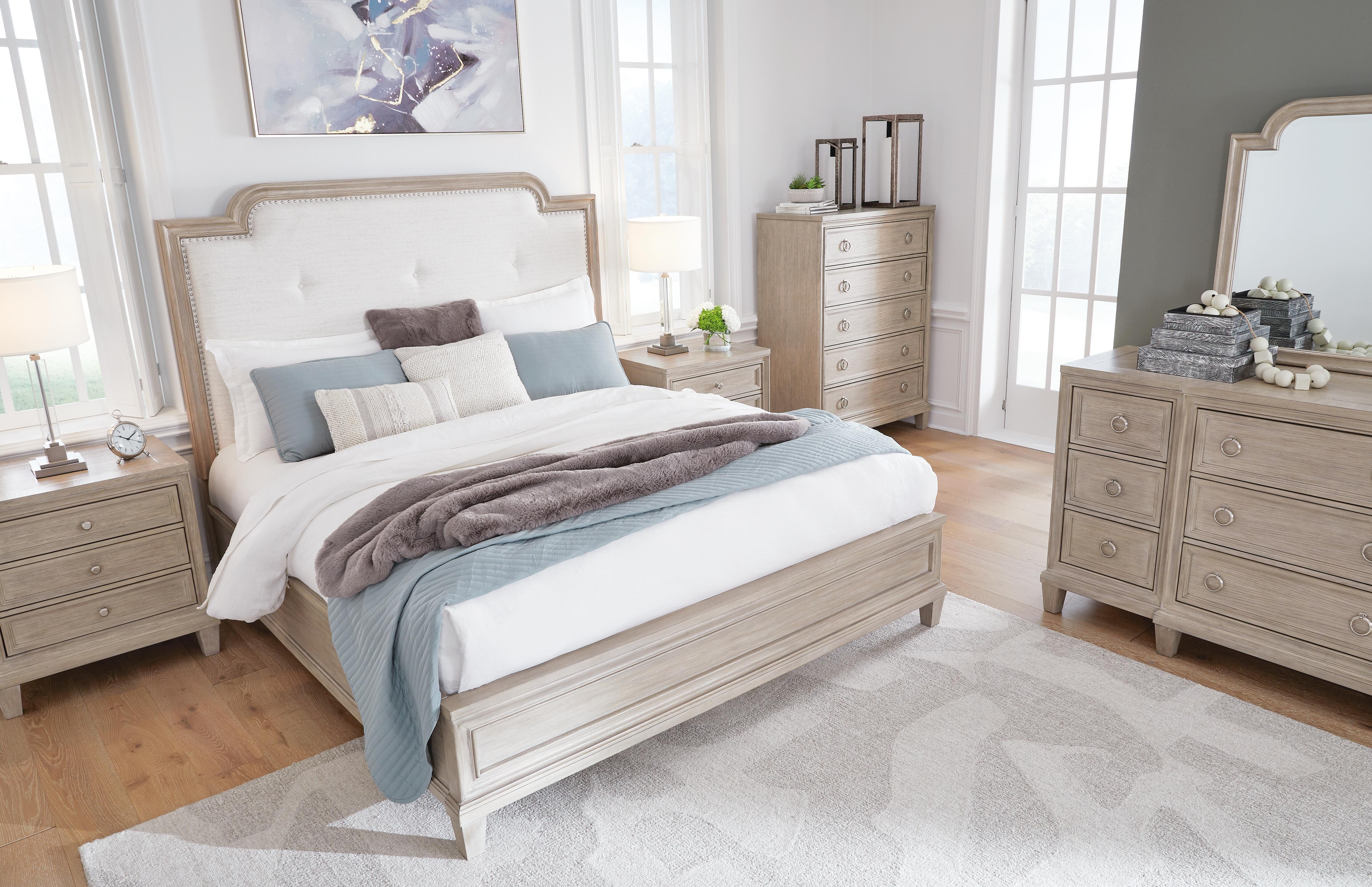 Jorlaina California King Upholstered Panel Bed, Light Grayish Brown, large