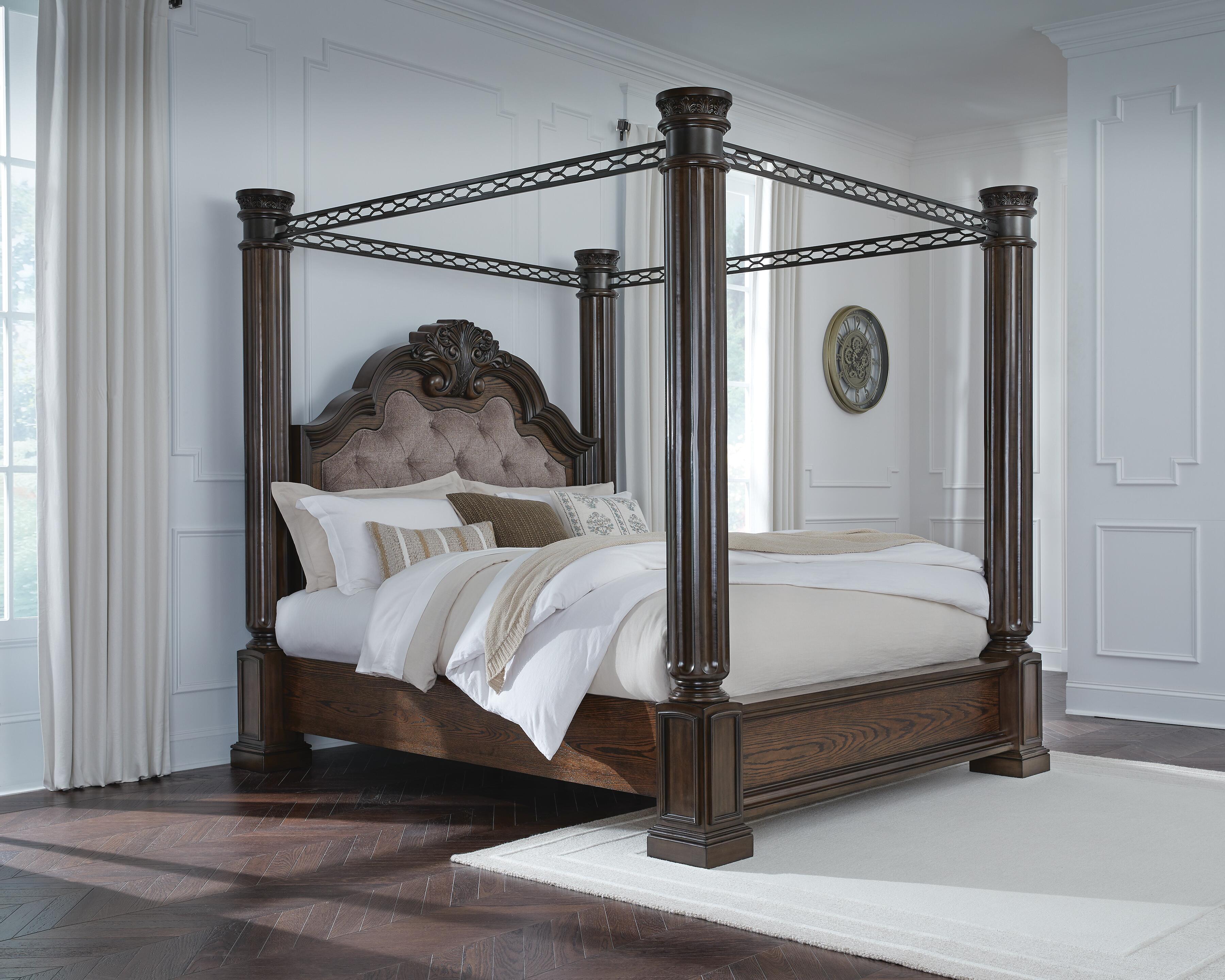Maylee Queen Canopy Bed, Dresser and Mirror, Dark Brown, large