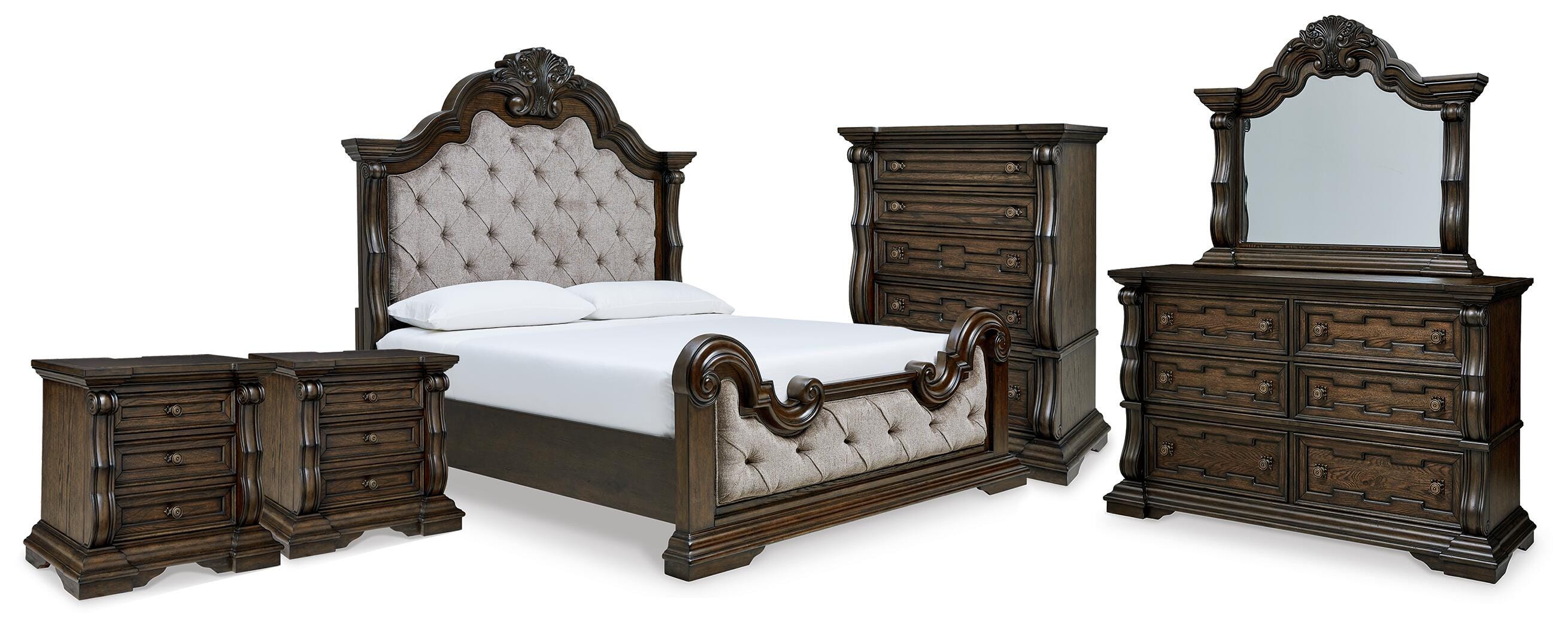 Cama tapizada Maylee King, cómoda, espejo, arcón y 2 mesitas de noche - image 1