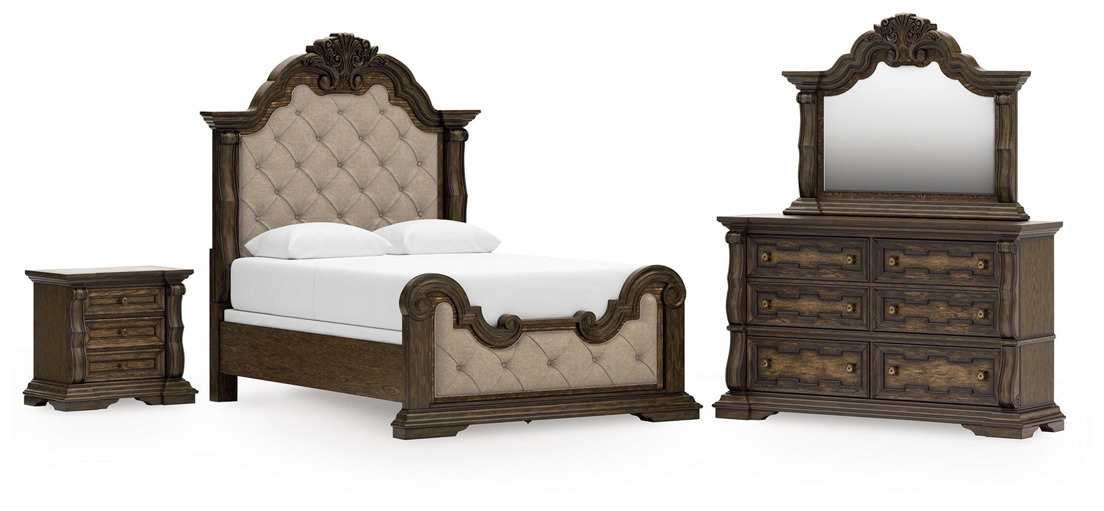 Maylee Queen Upholstered Panel Bed, Dresser, Mirror and Nightstand - image 1