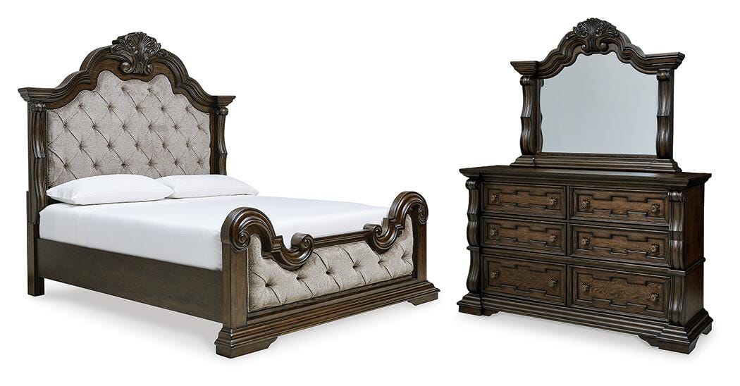 Cama tapizada Maylee Queen, cómoda y espejo - image 1