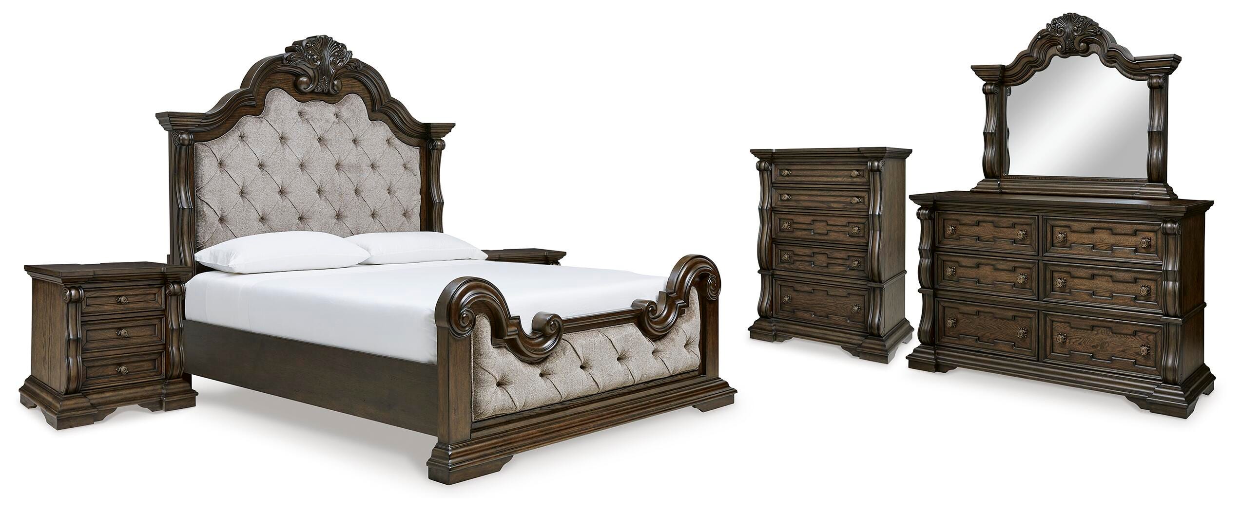 Maylee Queen Upholstered Bed with Mirrored Dresser, Chest and 2 Nightstands, Dark Brown, large