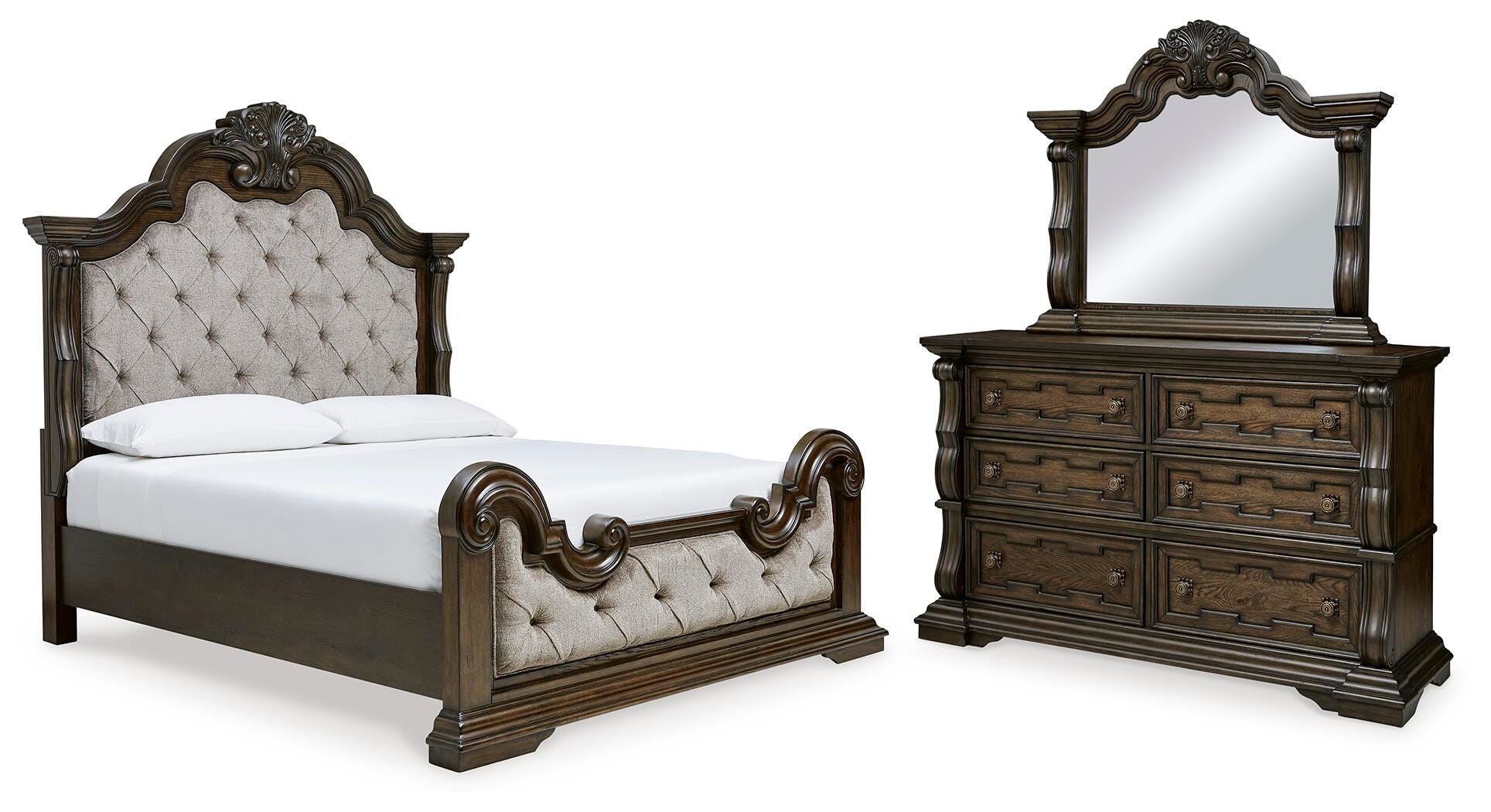 Maylee King Upholstered Bed, Dresser and Mirror - image 1