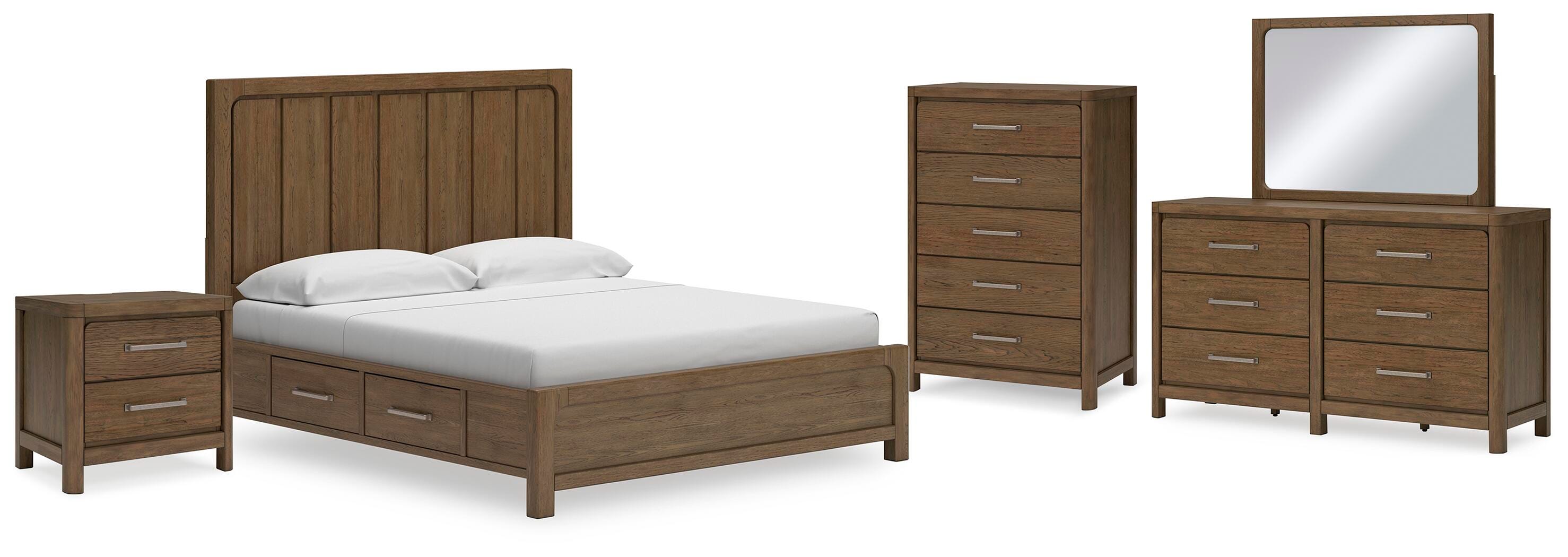 Cabalynn California King Panel Bed with Storage with Mirrored Dresser, Chest and Nightstand, Light Brown, large