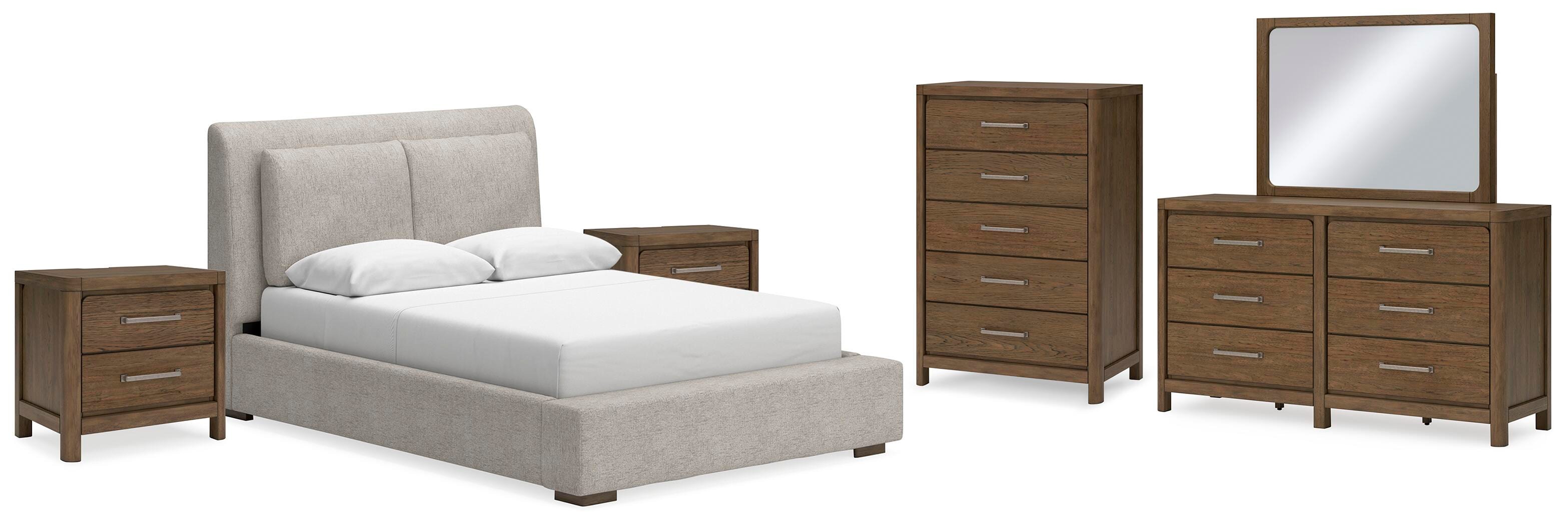 Cabalynn Queen Upholstered Bed with Mirrored Dresser, Chest and 2 Nightstands, Light Brown, large