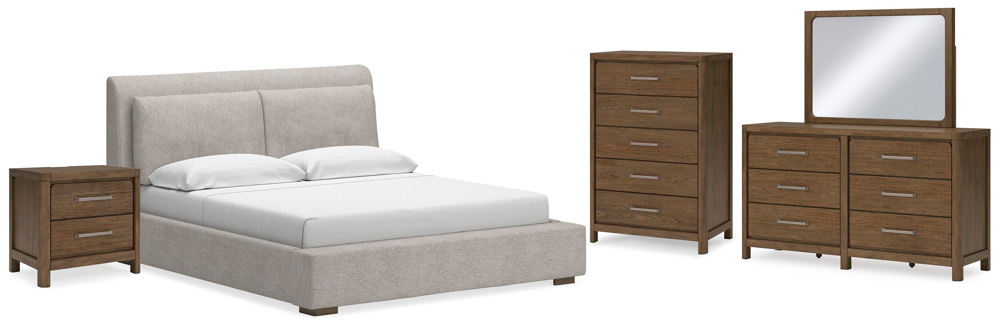 Cabalynn King Upholstered Bed with Mirrored Dresser, Chest and Nightstand, Light Brown, large
