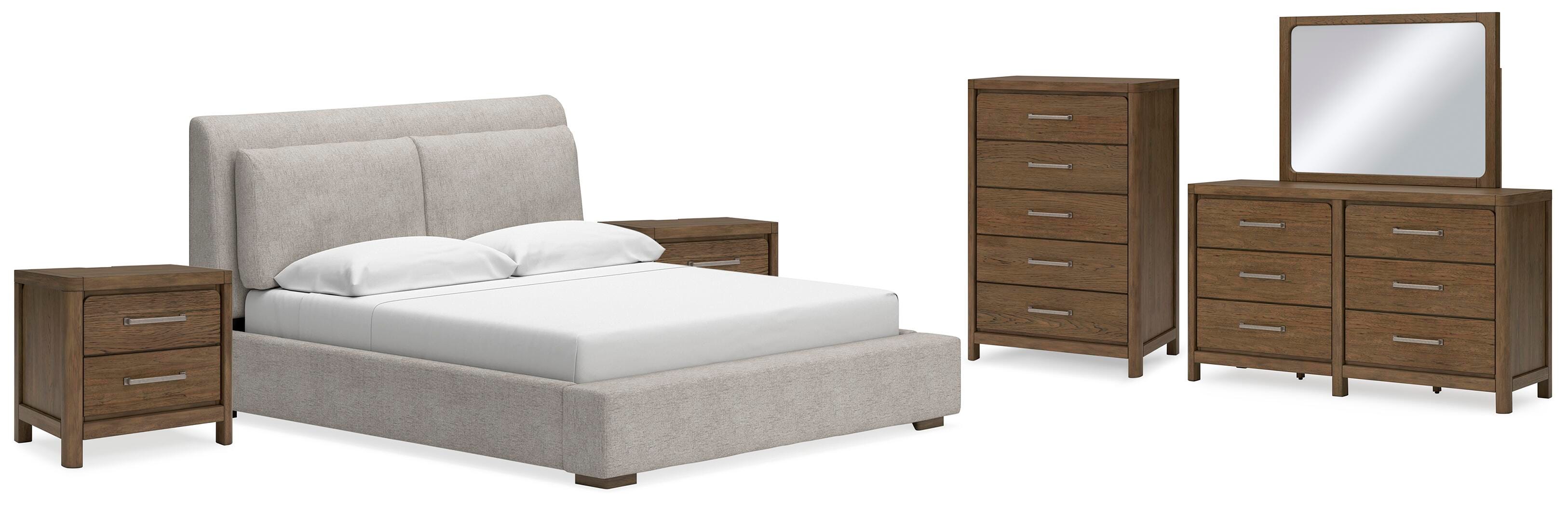 Cabalynn California King Upholstered Bed with Mirrored Dresser, Chest and 2 Nightstands, Light Brown, large