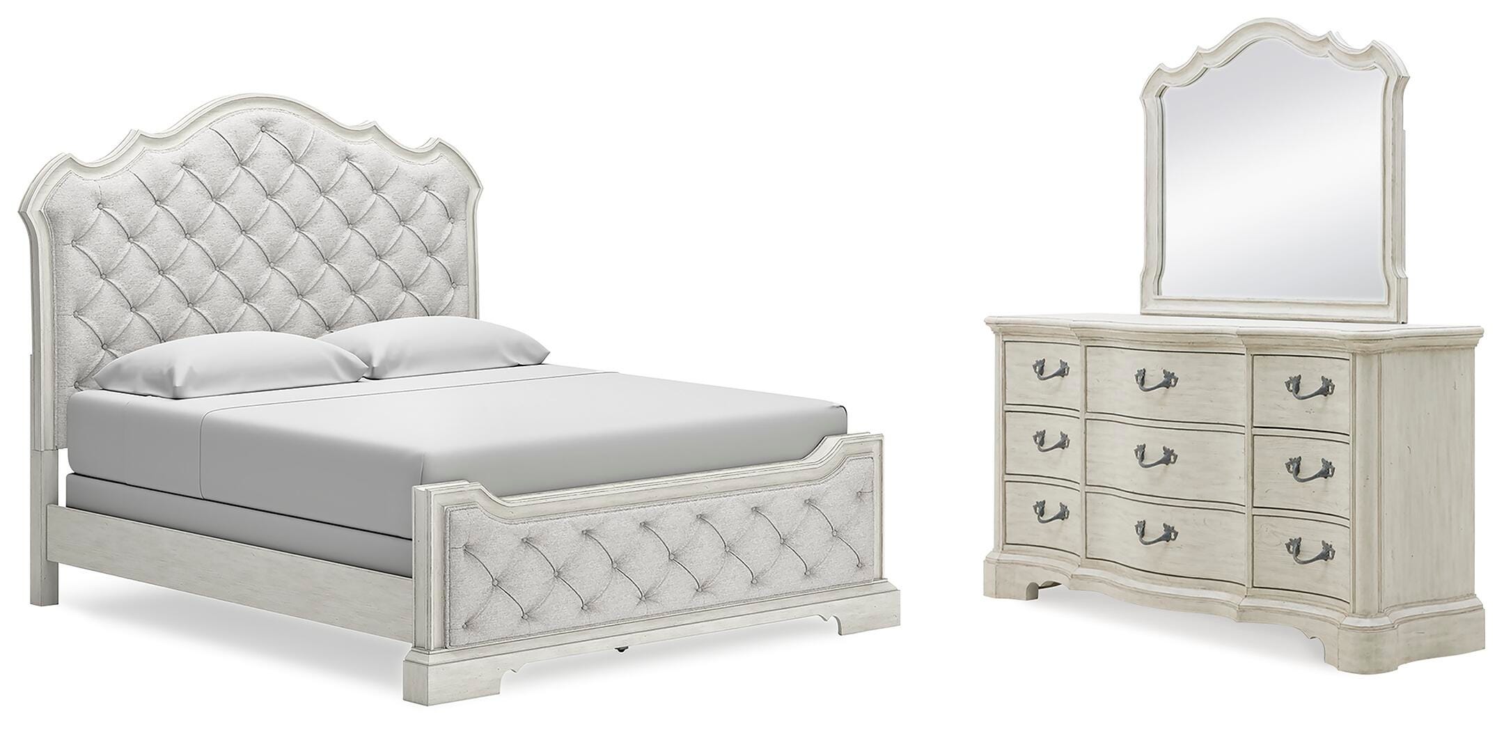 Cama Arlendyne tapizada tamaño King, cómoda y espejo - image 1