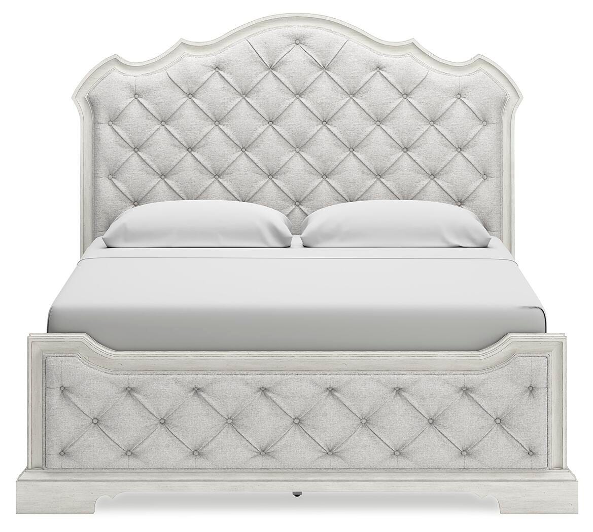 Cama Arlendyne tapizada tamaño King, cómoda y espejo - image 11