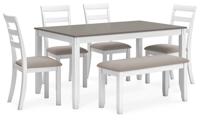 Stonehollow Dining Table and 4 Chairs and Bench , White/Gray