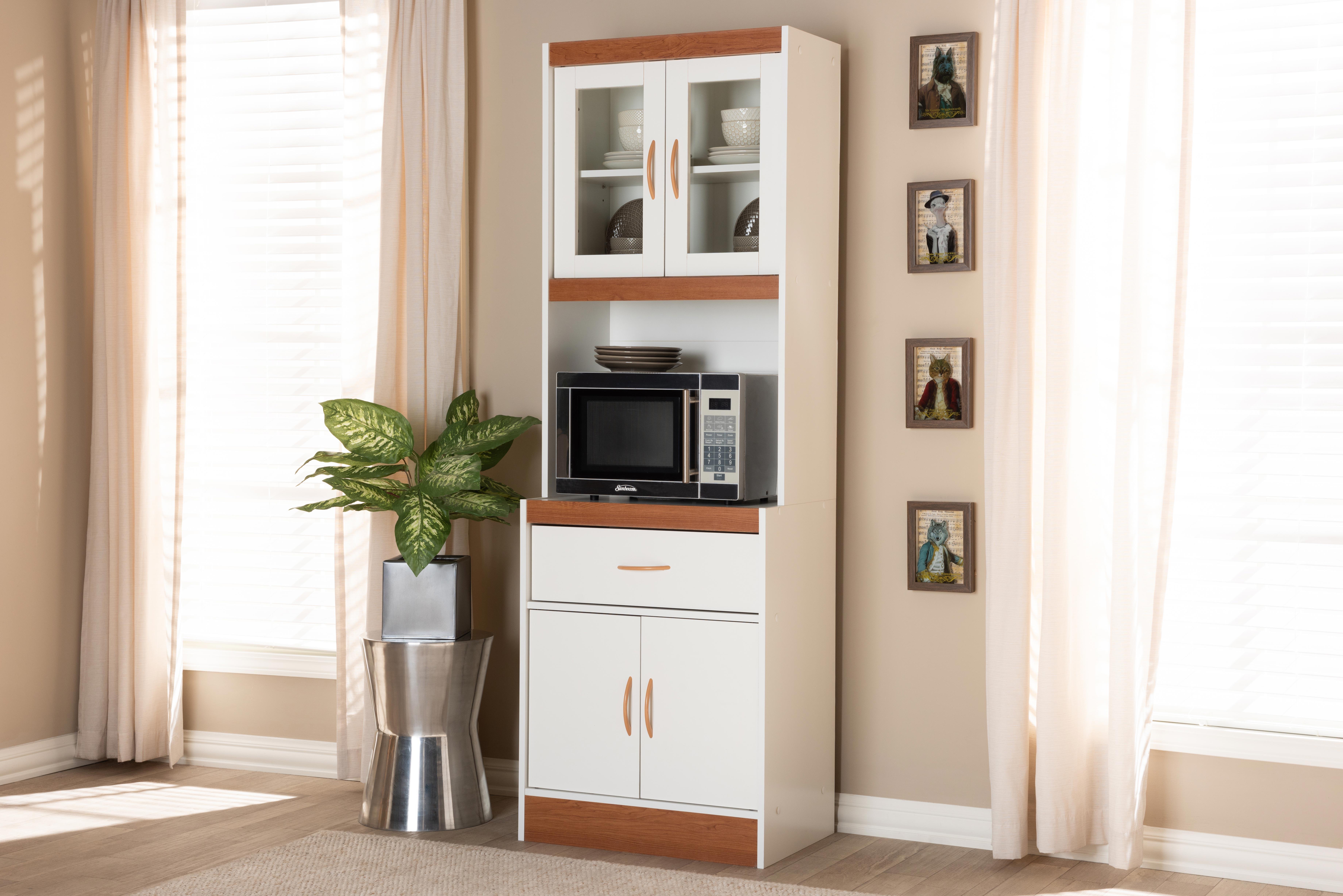 Modern Kitchen Cabinet and Hutch, White/Cherry, rollover