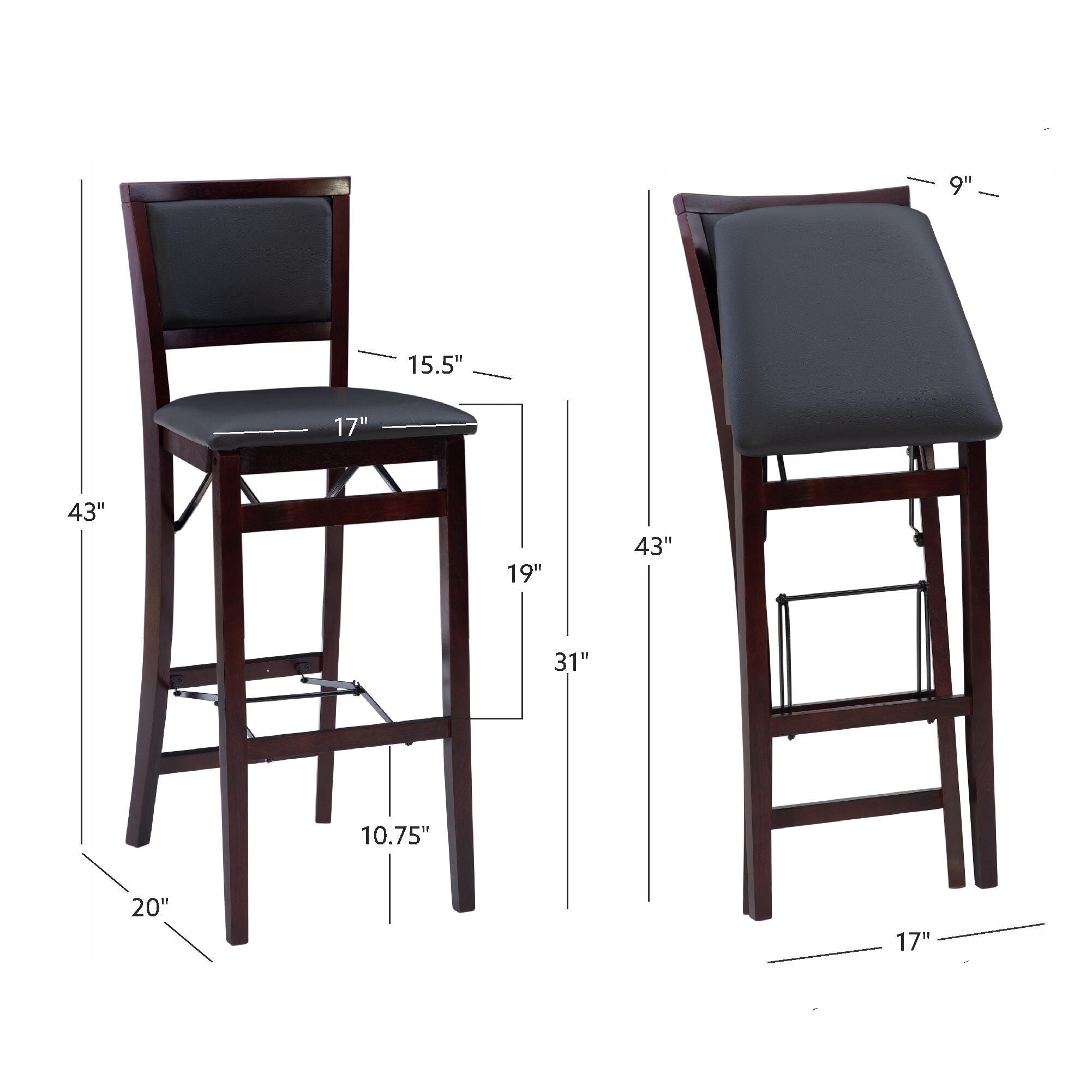 Linon Marley Pad Back Folding Bar Stool, Espresso, large