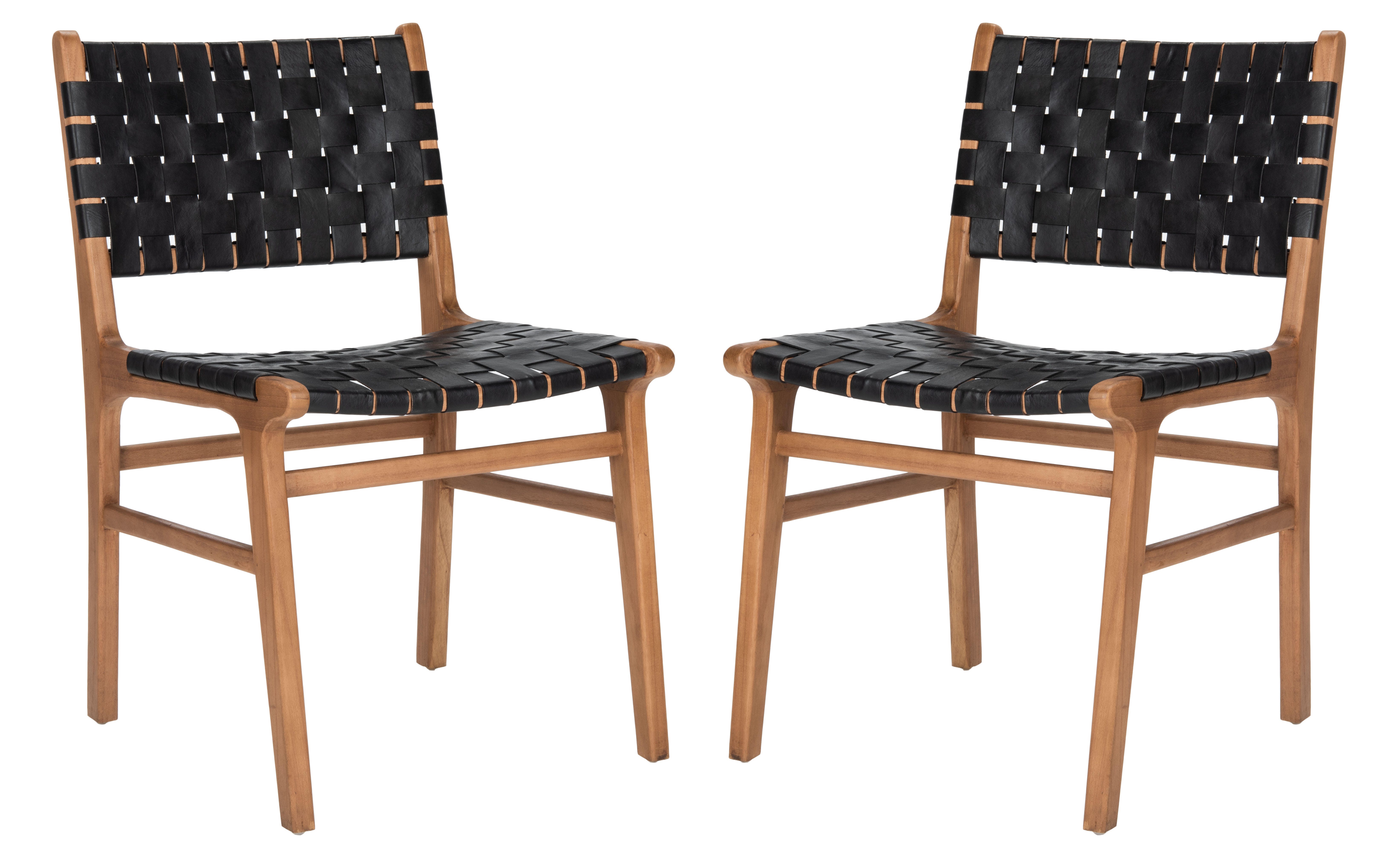 Lattice Woven Leather Dining Chair (Set of 2), Black/Natural, large
