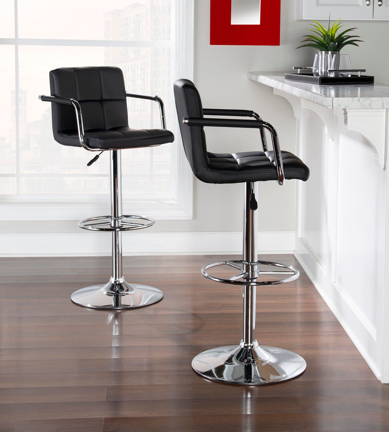 Powell Chrome  Quilted Adjustable Height Bar Stool, Black, large