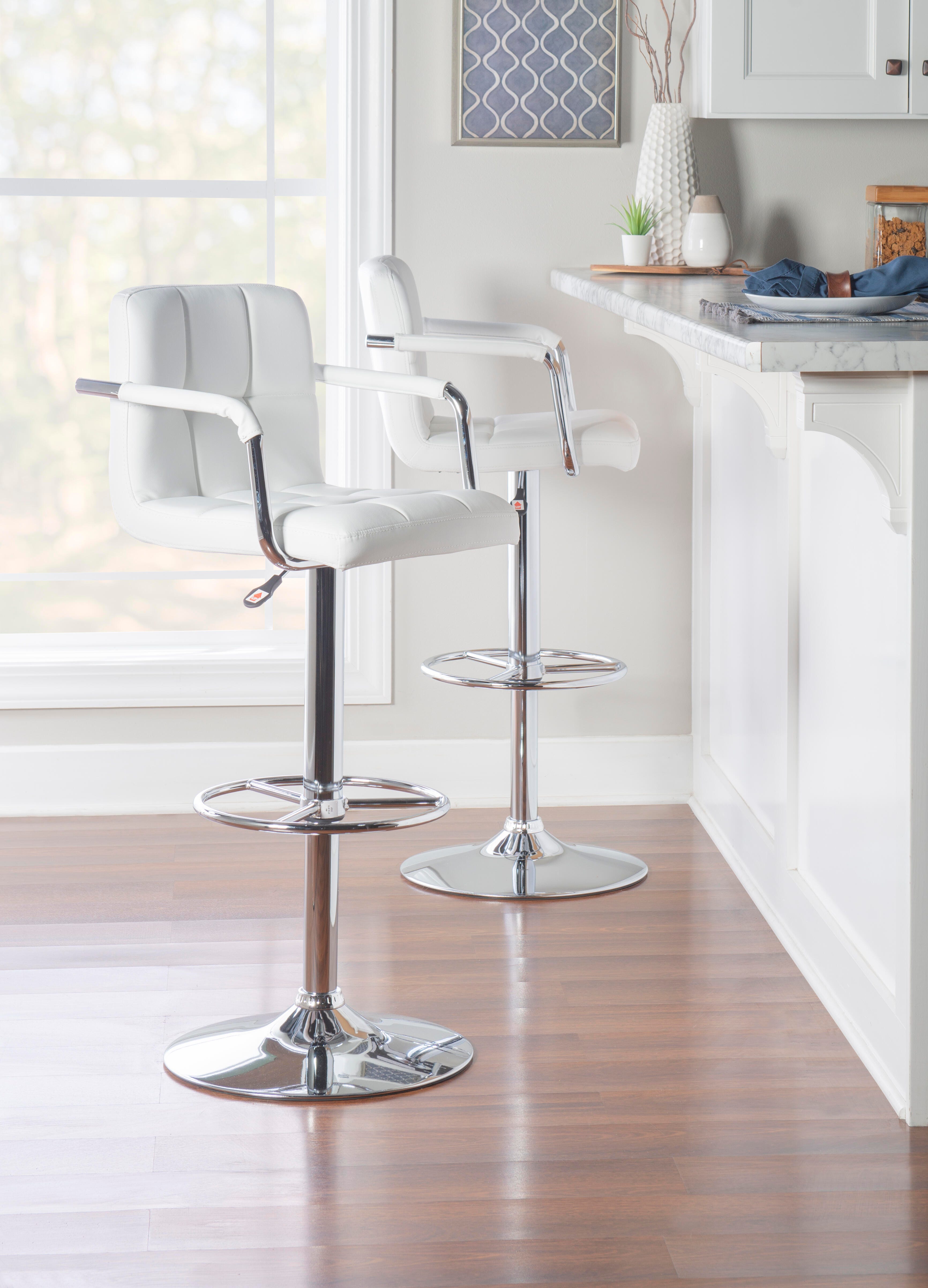 Powell Chrome  Quilted Adjustable Height Bar Stool, White, large