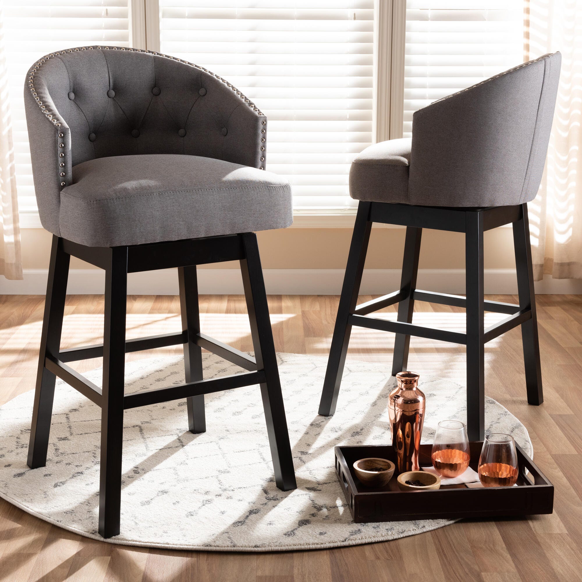 Theron Transitional Gray Fabric Upholstered Wood Swivel Bar Stool Set, Gray, large