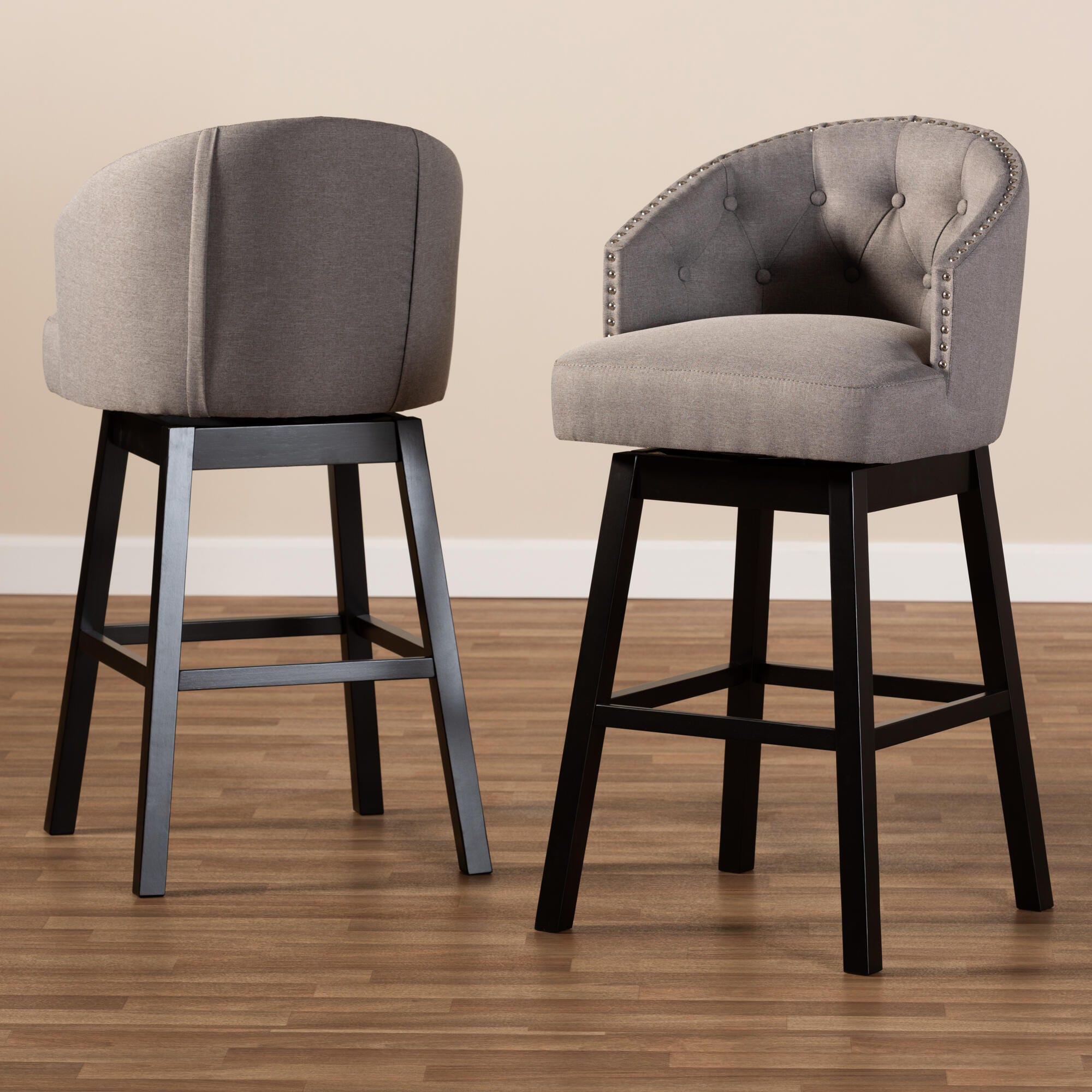 Theron Transitional Gray Fabric Upholstered Wood Swivel Bar Stool Set, Gray, large