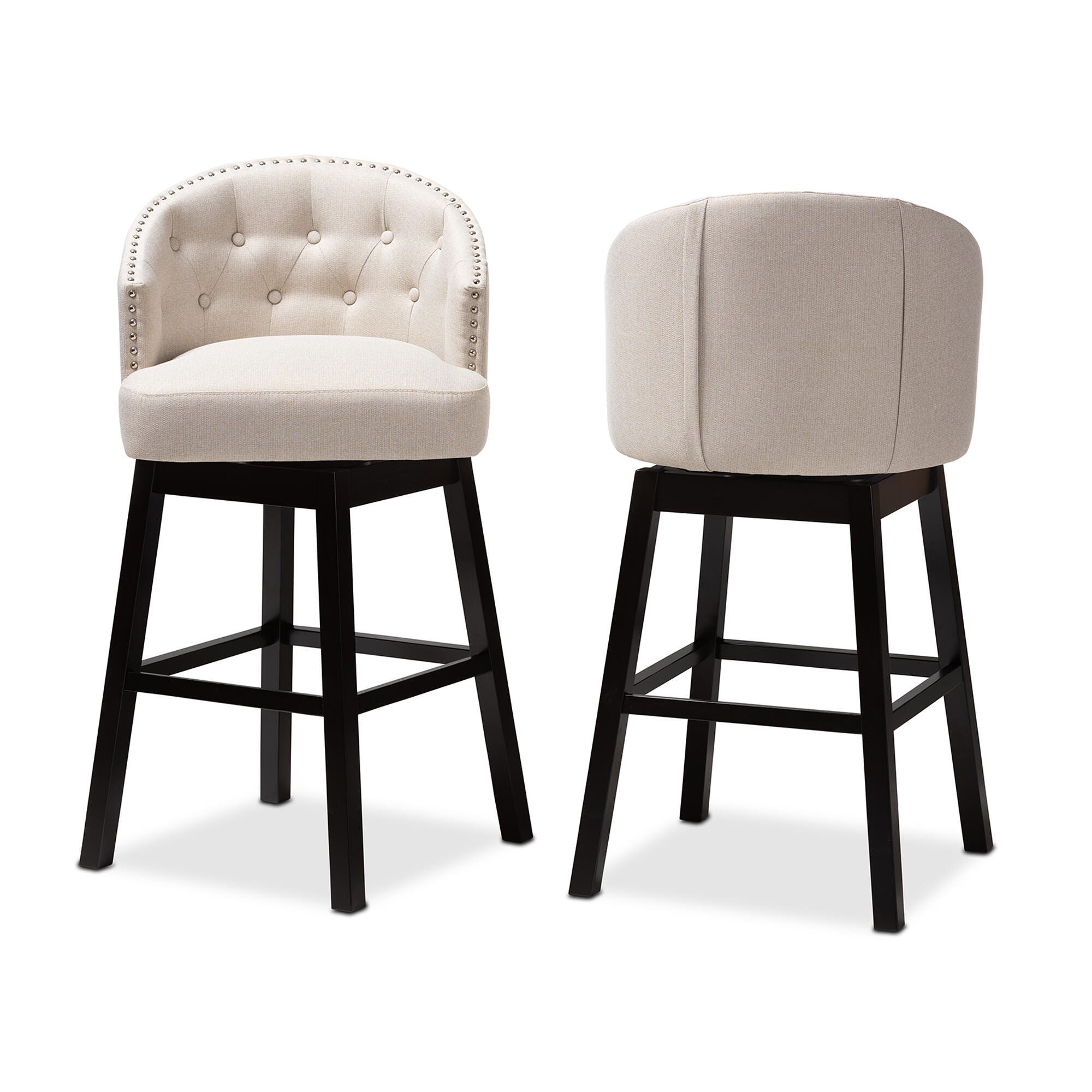 Theron Transitional Light Beige Fabric Upholstered Wood Swivel Bar Stool Set, Beige, large