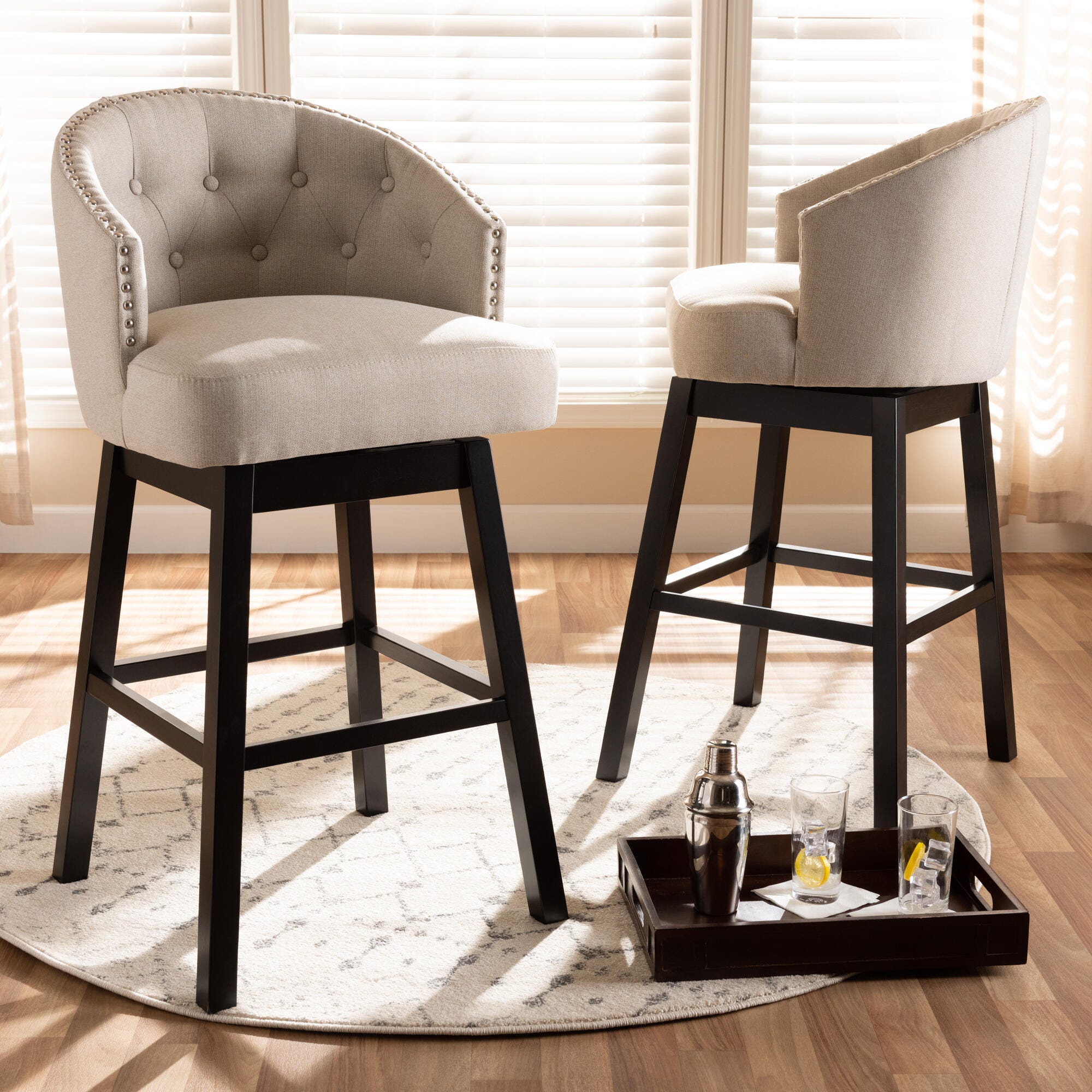 Theron Transitional Light Beige Fabric Upholstered Wood Swivel Bar Stool Set, Beige, large