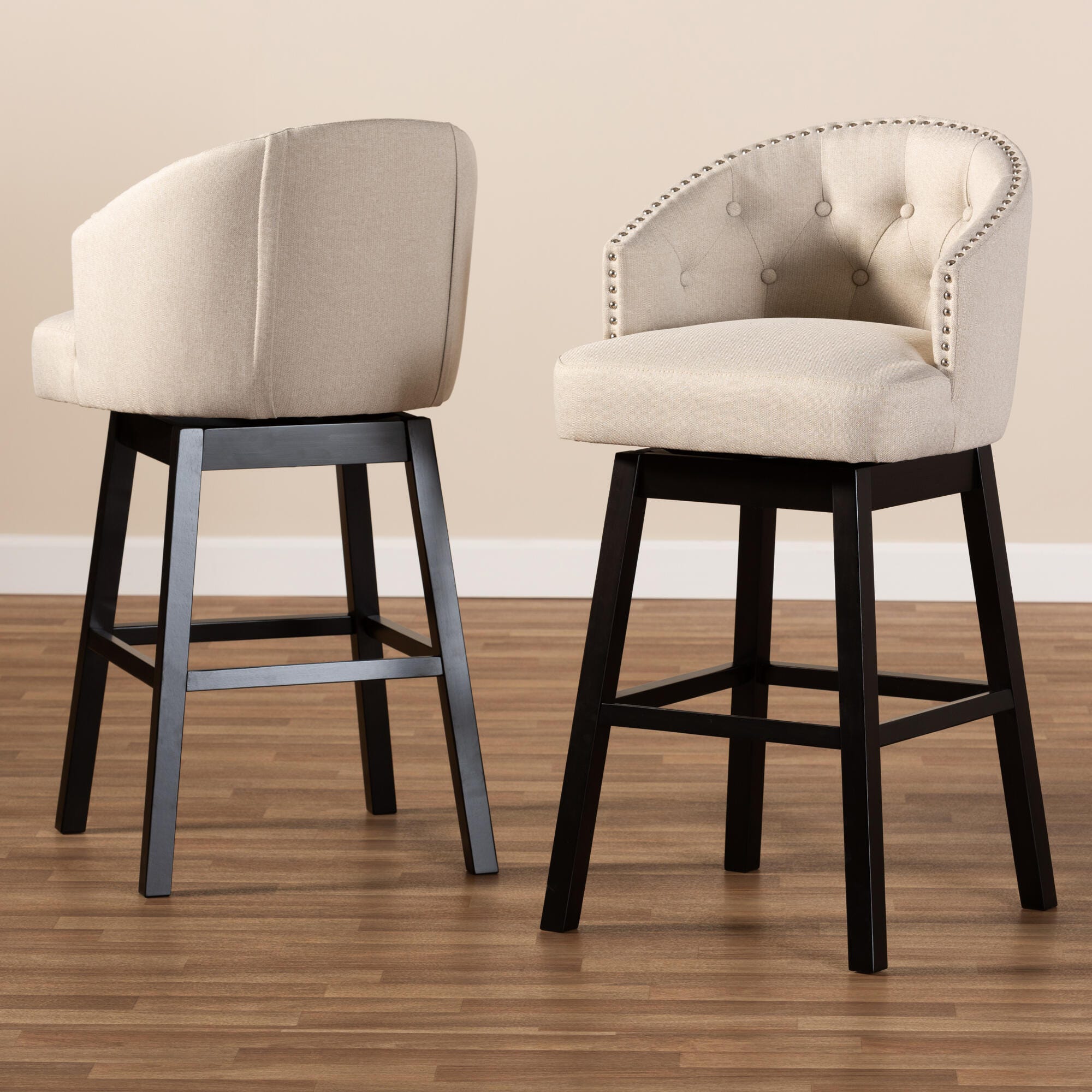 Theron Transitional Light Beige Fabric Upholstered Wood Swivel Bar Stool Set, Beige, large