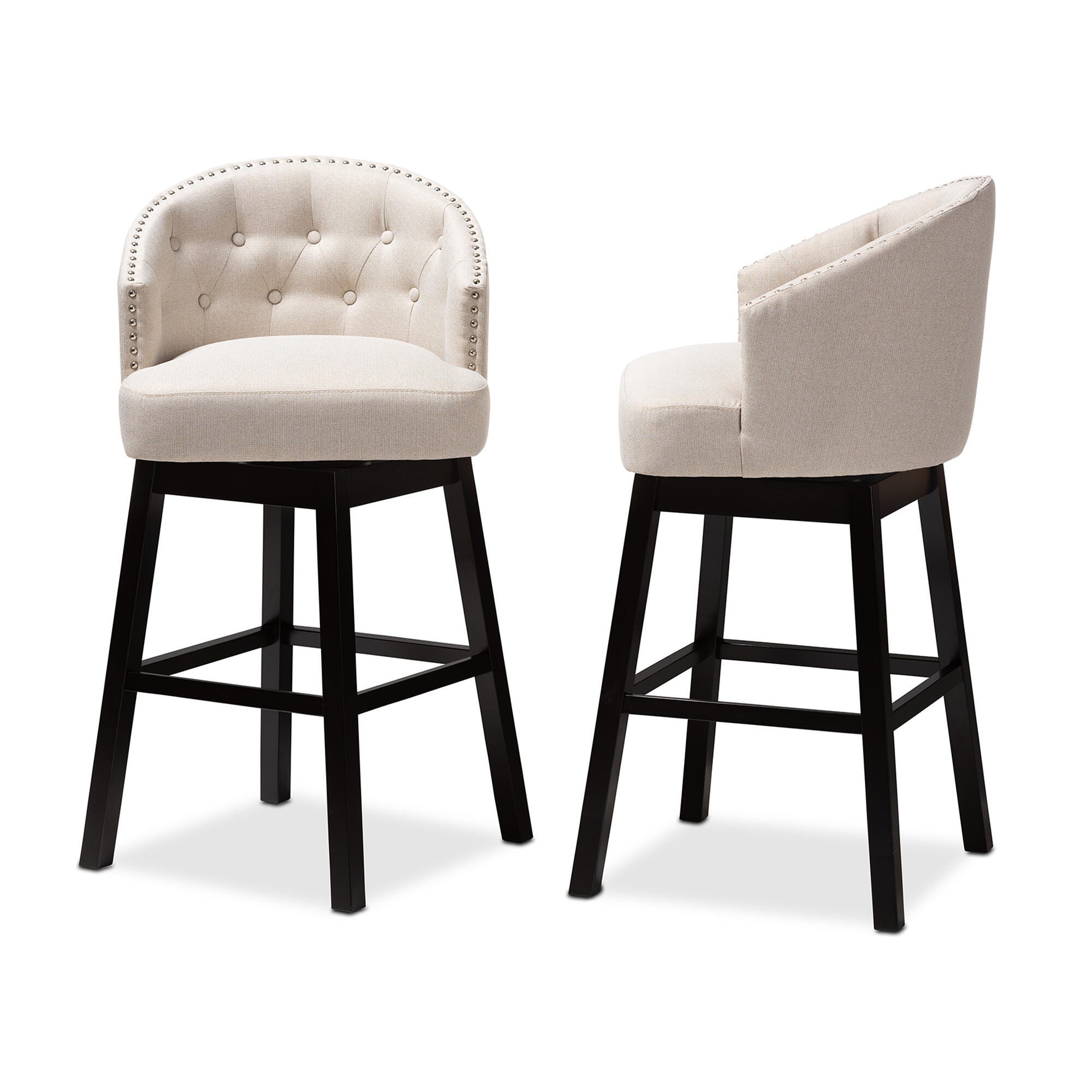 Theron Transitional Light Beige Fabric Upholstered Wood Swivel Bar Stool Set, Beige, large