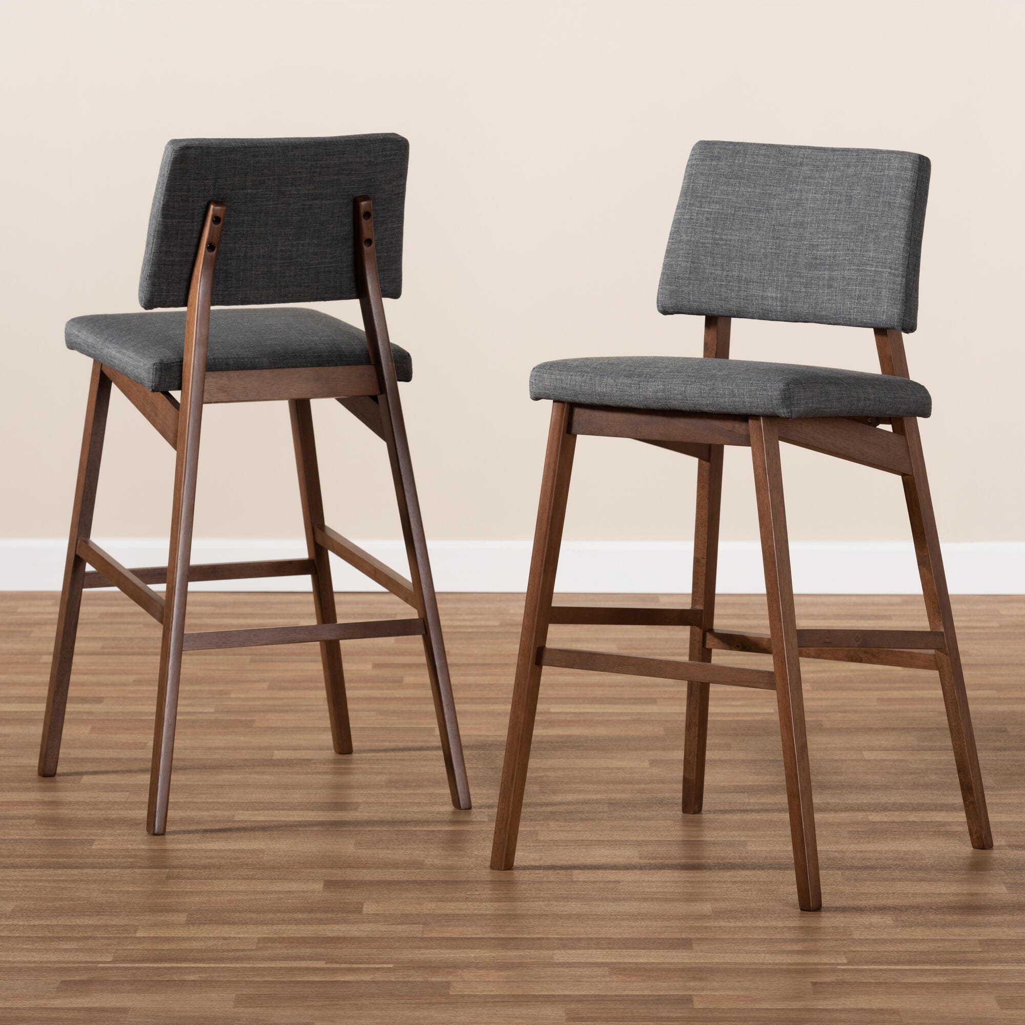 Colton Mid-Century Modern Dark Gray Fabric Upholstered and Walnut-Finished Wood Bar Stool Set, Dark Gray, rollover