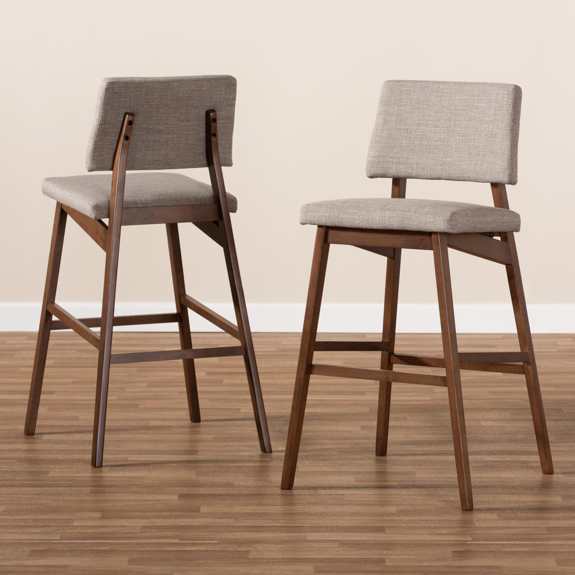 Colton Mid-Century Modern Light Gray Fabric Upholstered and Walnut-Finished Wood Bar Stool Set, Beige, rollover