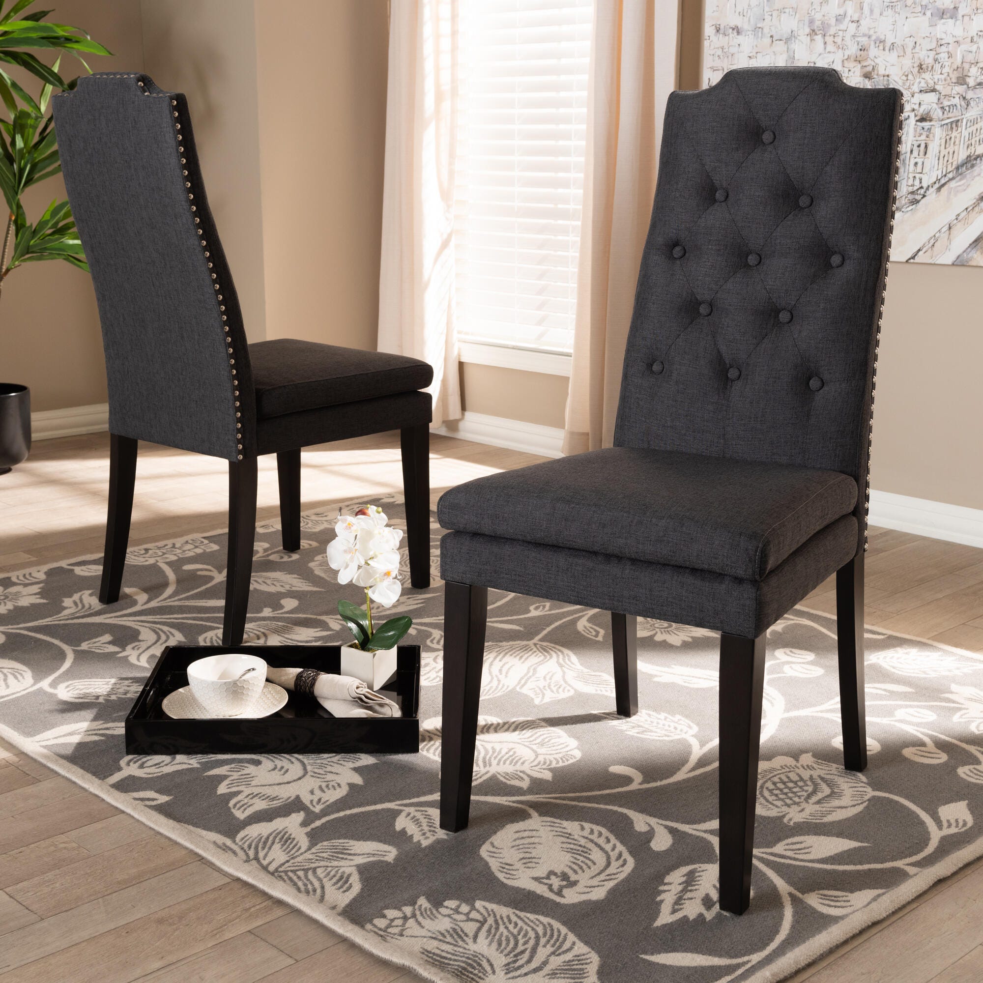 Dylin Charcoal Fabric Upholstered Button Tufted Wood Dining Chair Set, Charcoal, large