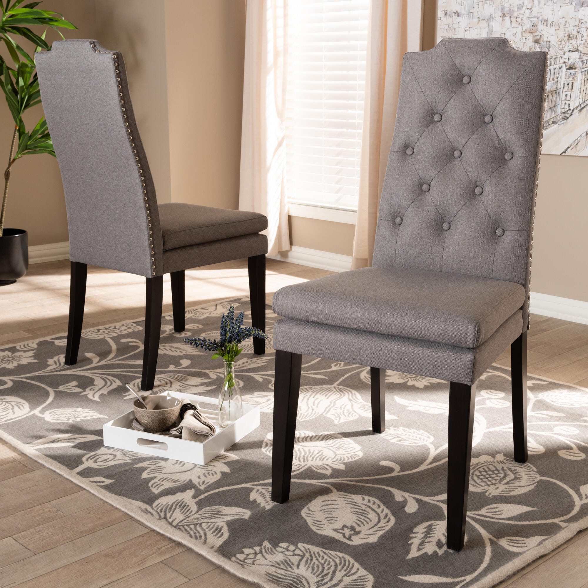 Dylin Gray Fabric Upholstered Button Tufted Wood Dining Chair Set, Gray, large