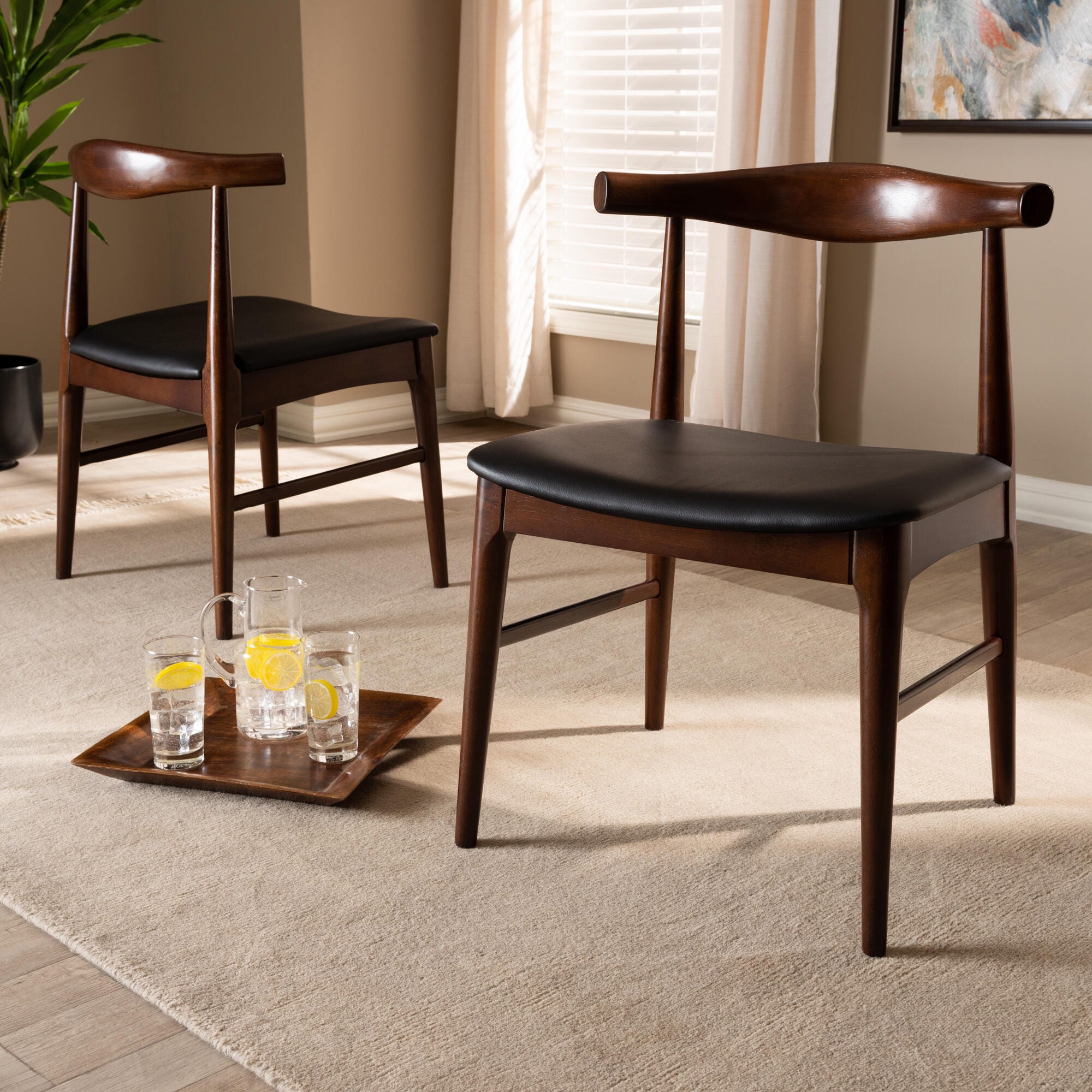 Eira Mid-Century Modern Black Faux Leather Upholstered Walnut Finished Wood Dining Chair Set, , rollover