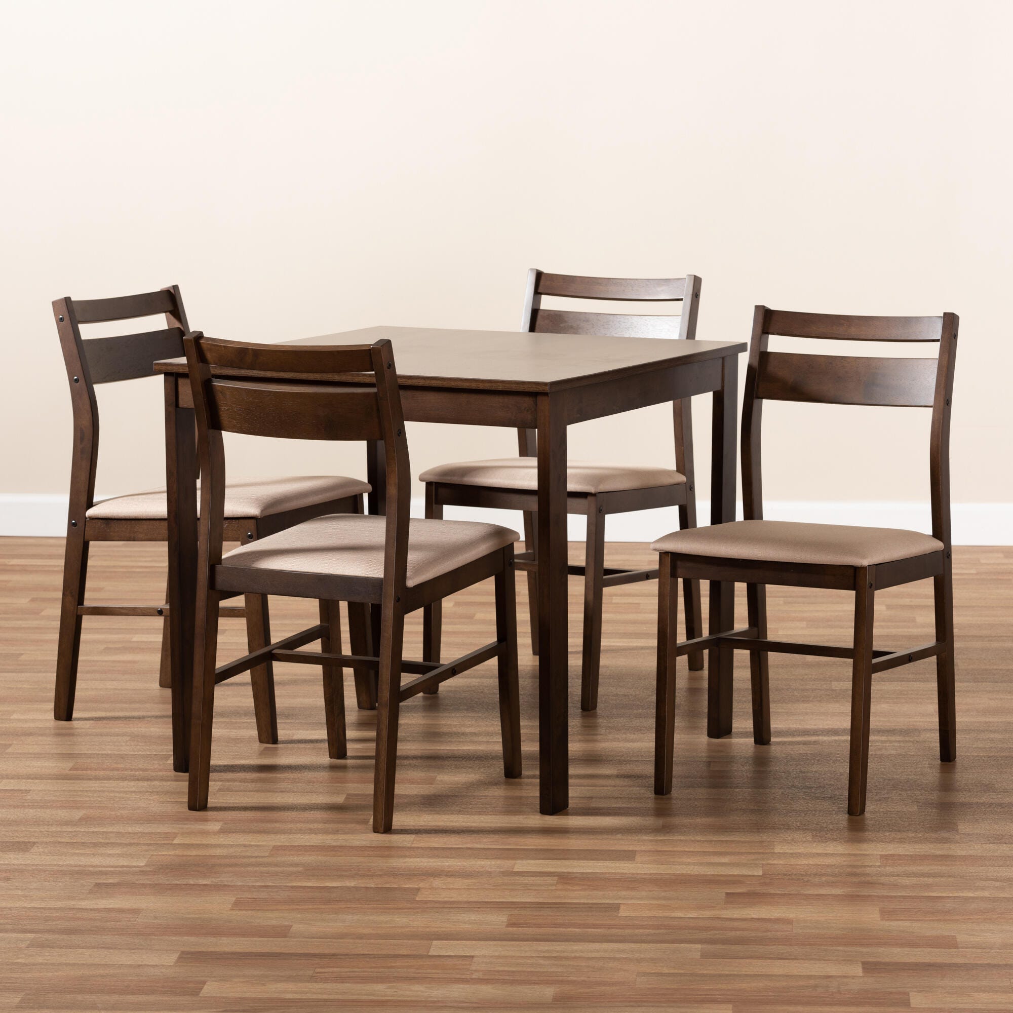 Lovy Beige Fabric Upholstered Dark Walnut-Finished 5-Piece Wood Dining Set, Beige, large