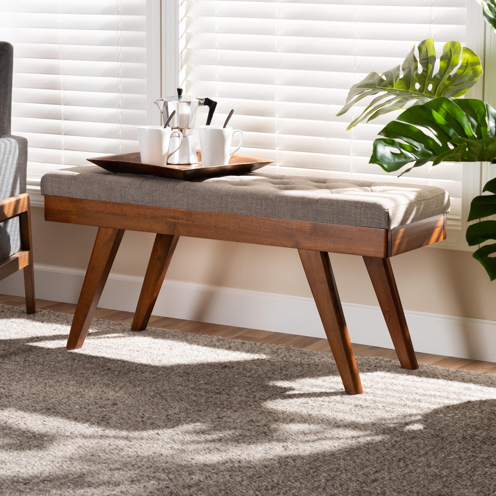 Alona Mid-Century Modern Light Gray Fabric Upholstered Wood Dining Bench, Light Gray, large