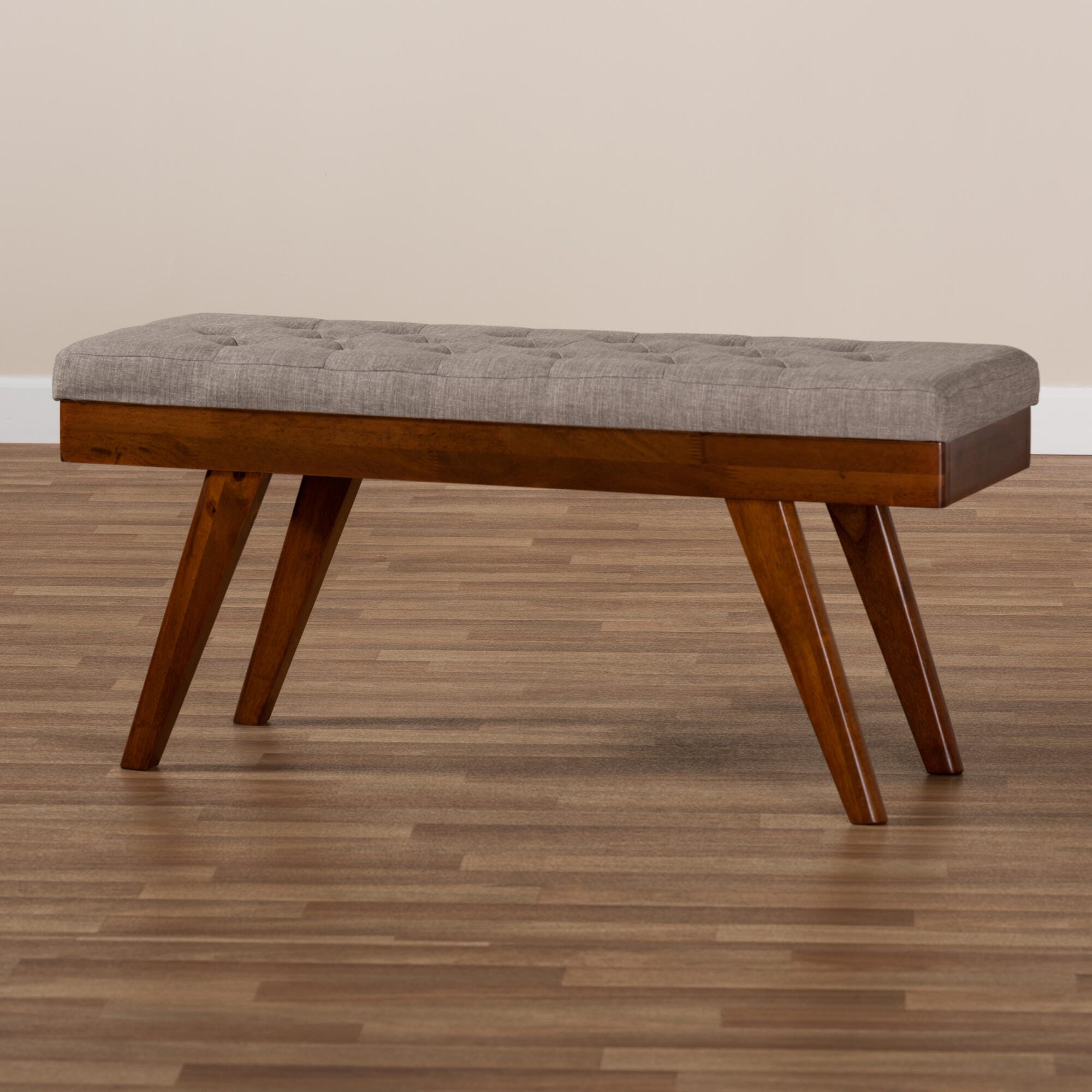 Alona Mid-Century Modern Light Gray Fabric Upholstered Wood Dining Bench, Light Gray, large
