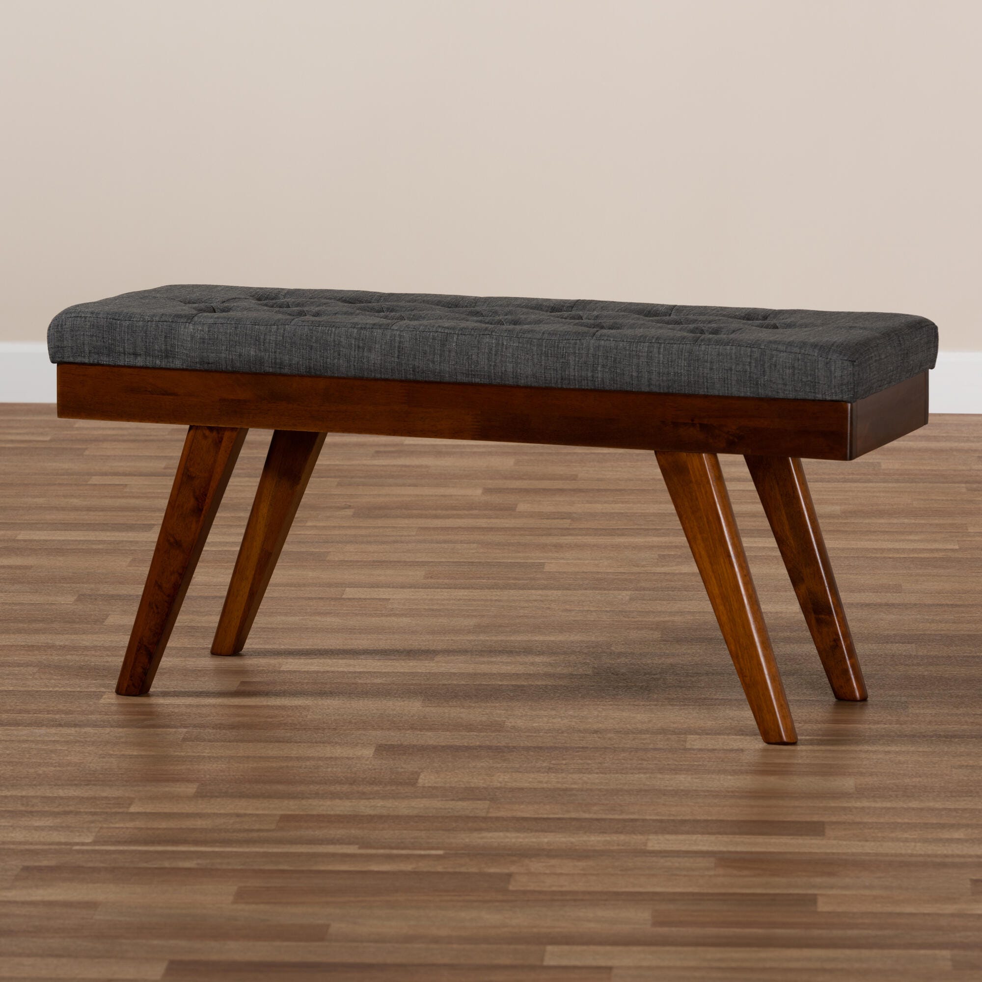 Alona Mid-Century Modern Medium Gray Fabric Upholstered Wood Dining Bench, Gray, large