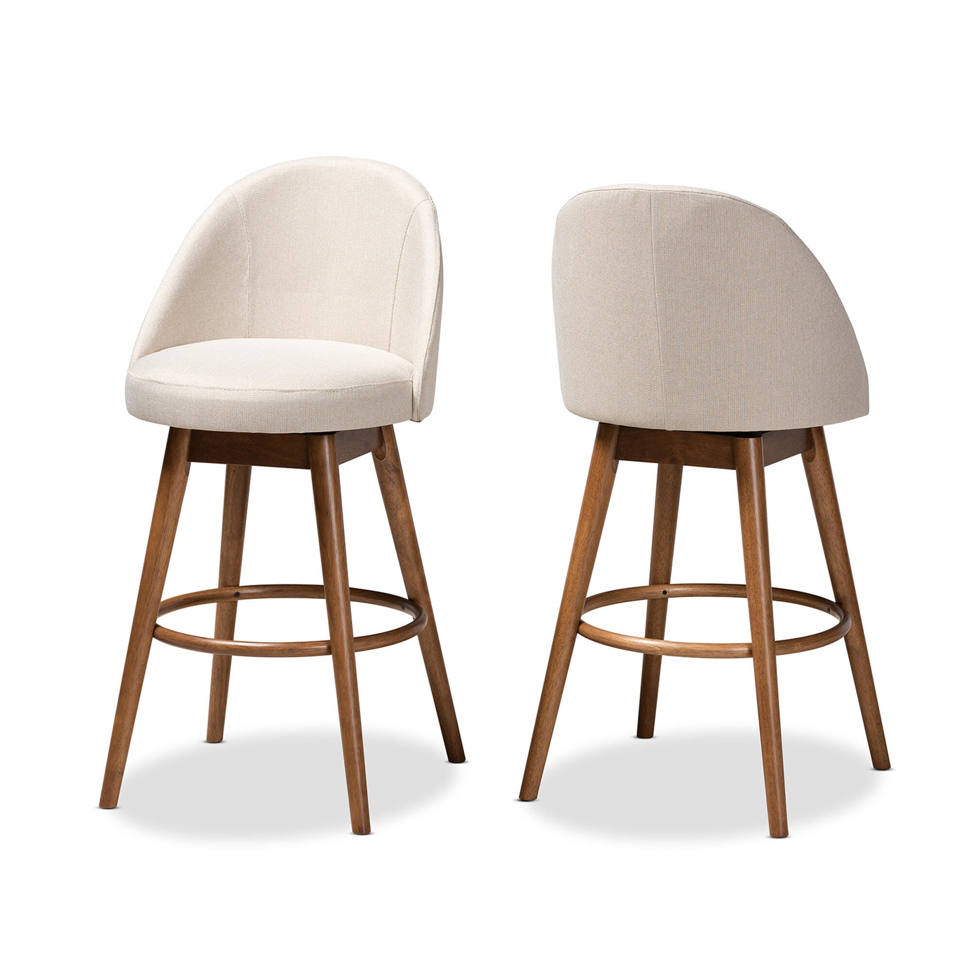 Carra Mid-Century Modern Light Beige Fabric Upholstered Walnut-Finished Wood Swivel Bar Stool Set, Beige, large