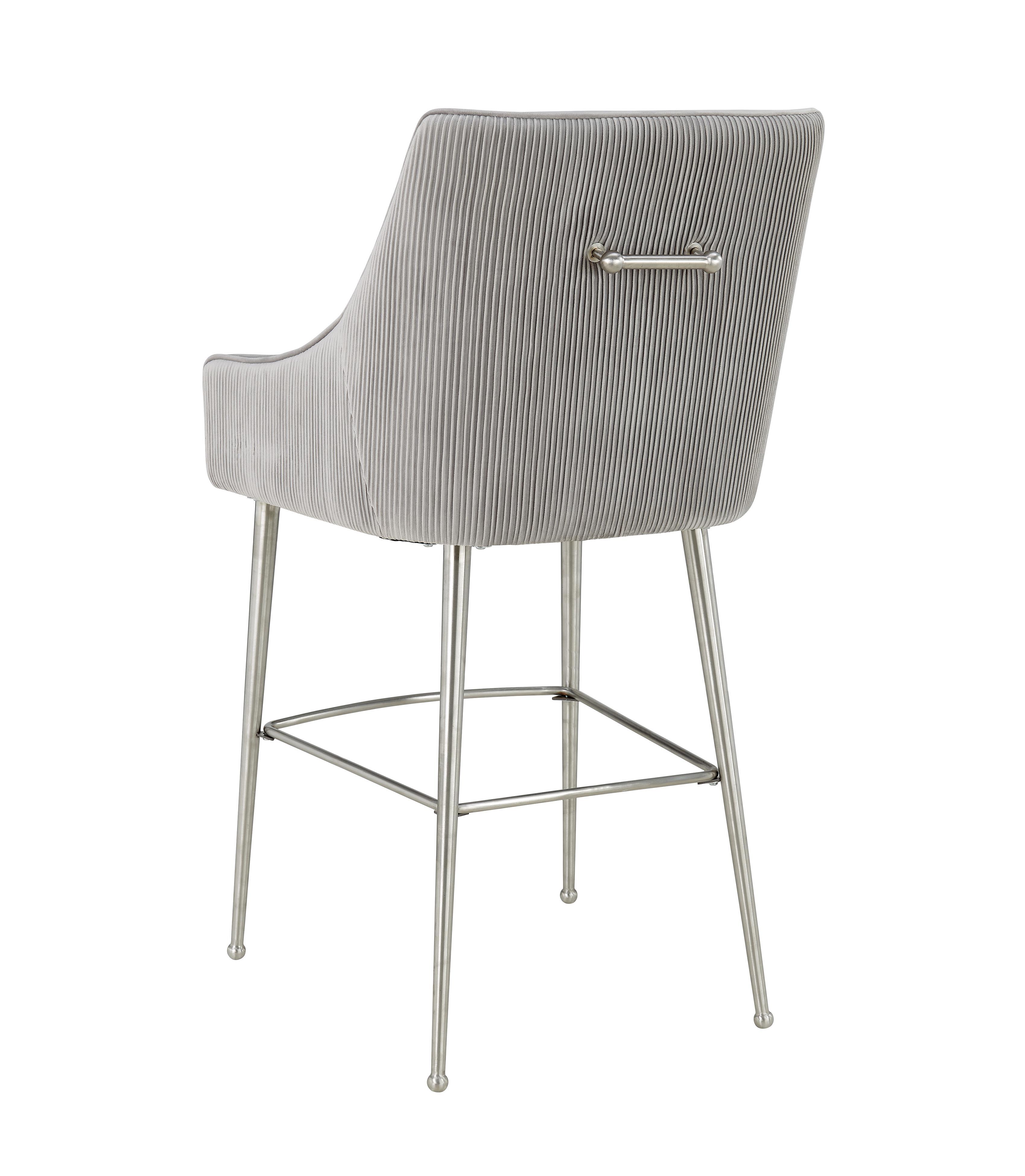 Beatrix Beatrix Pleated Light Gray Velvet Bar Stool, Gray/Silver, large