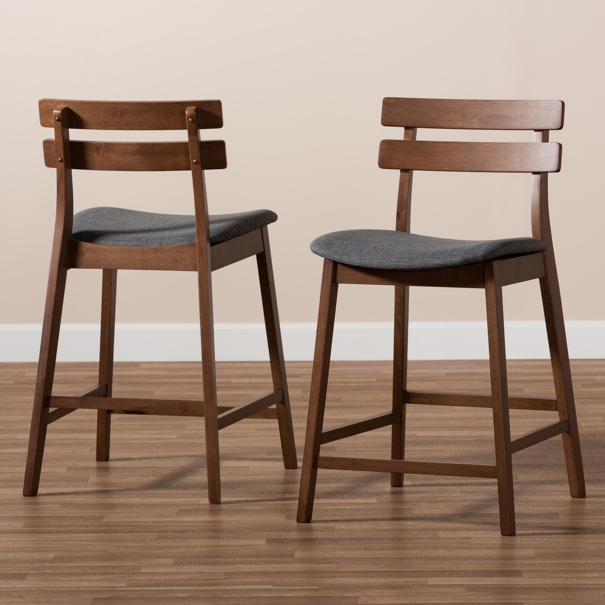 Larine Dark Gray Fabric Upholstered Walnut Finished 2-Piece Wood Counter Stool Set, Dark Gray, large
