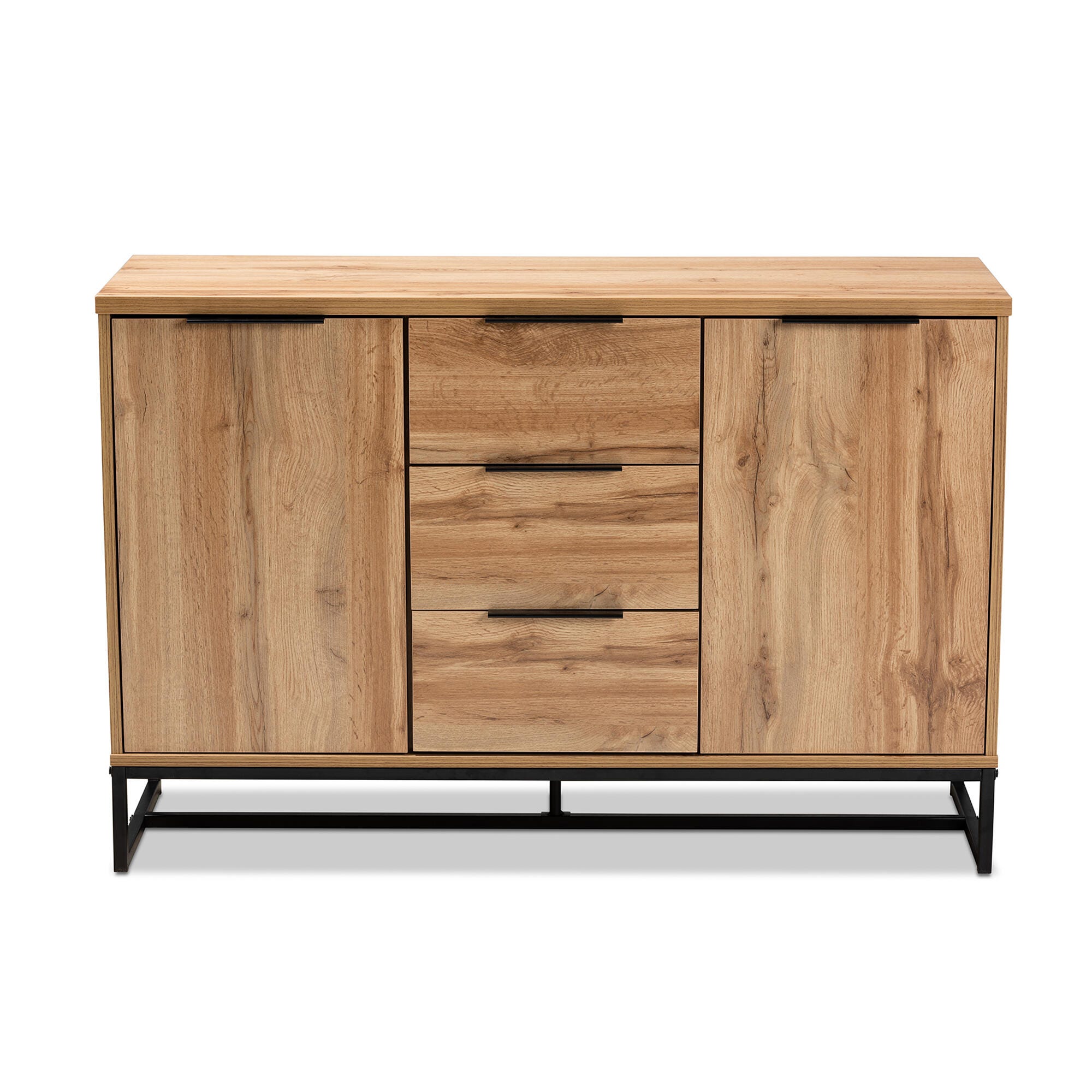Reid Industrial Oak Finished Wood and Black Metal 3-Drawer Sideboard Buffet, , large