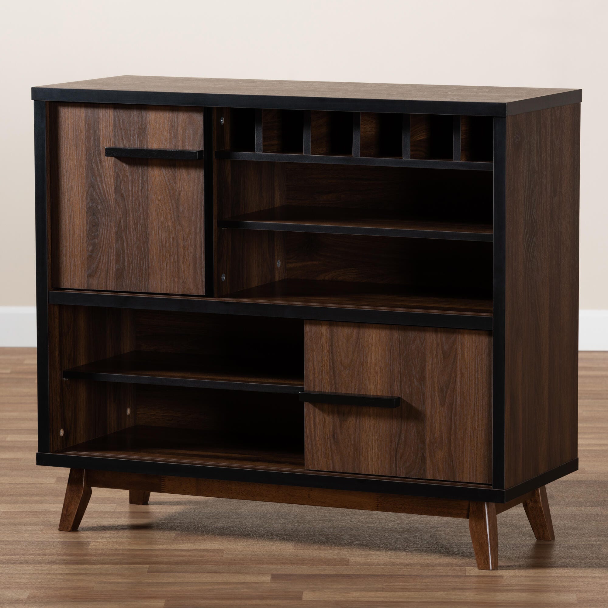 Margo Two-Tone Walnut Brown and Black Finished Wood Wine Storage Cabinet, , large