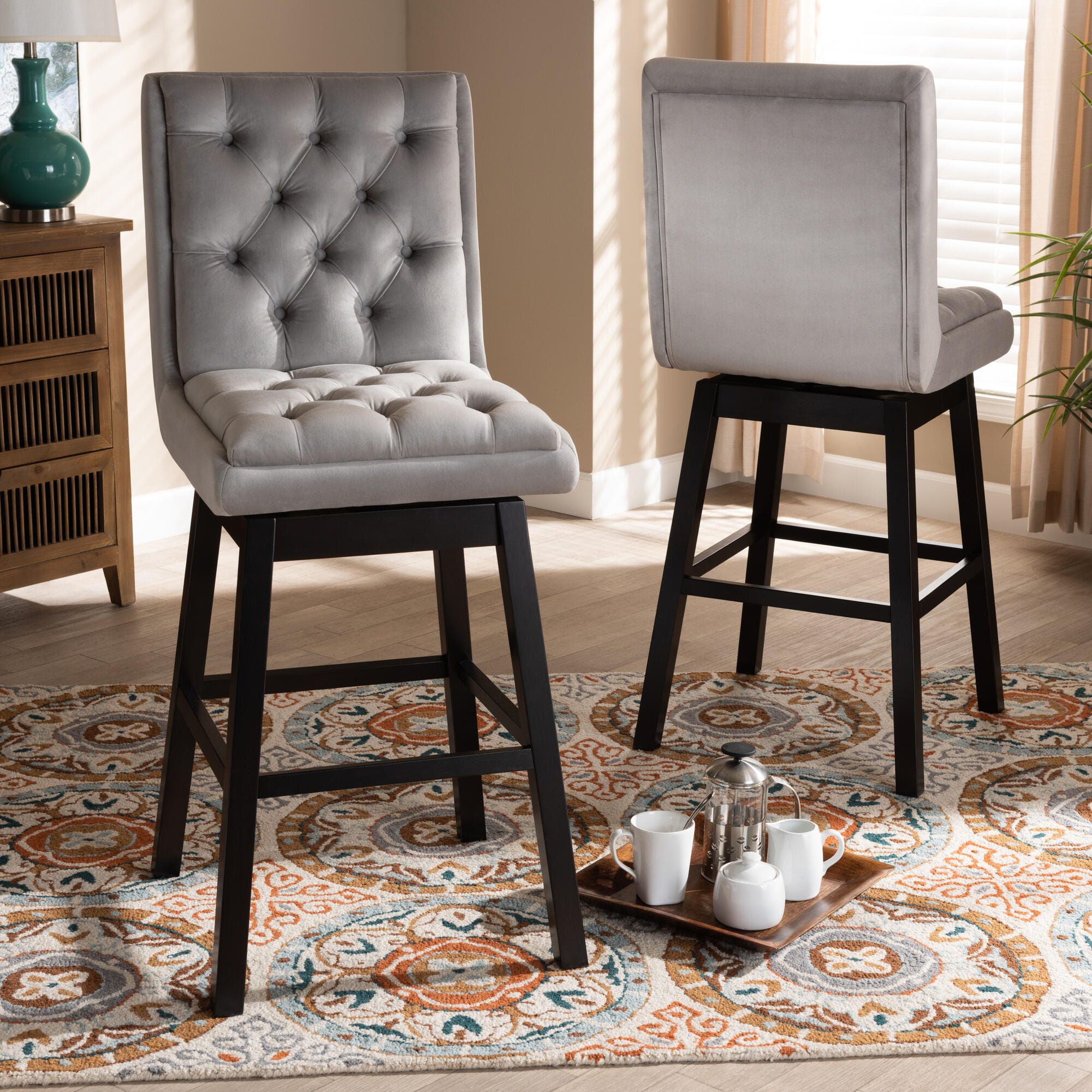 Gregory Modern Transitional Light Gray Velvet Fabric Upholstered and Dark Brown Finished Wood 2-Piece Swivel Bar Stool Set, Light Gray, large