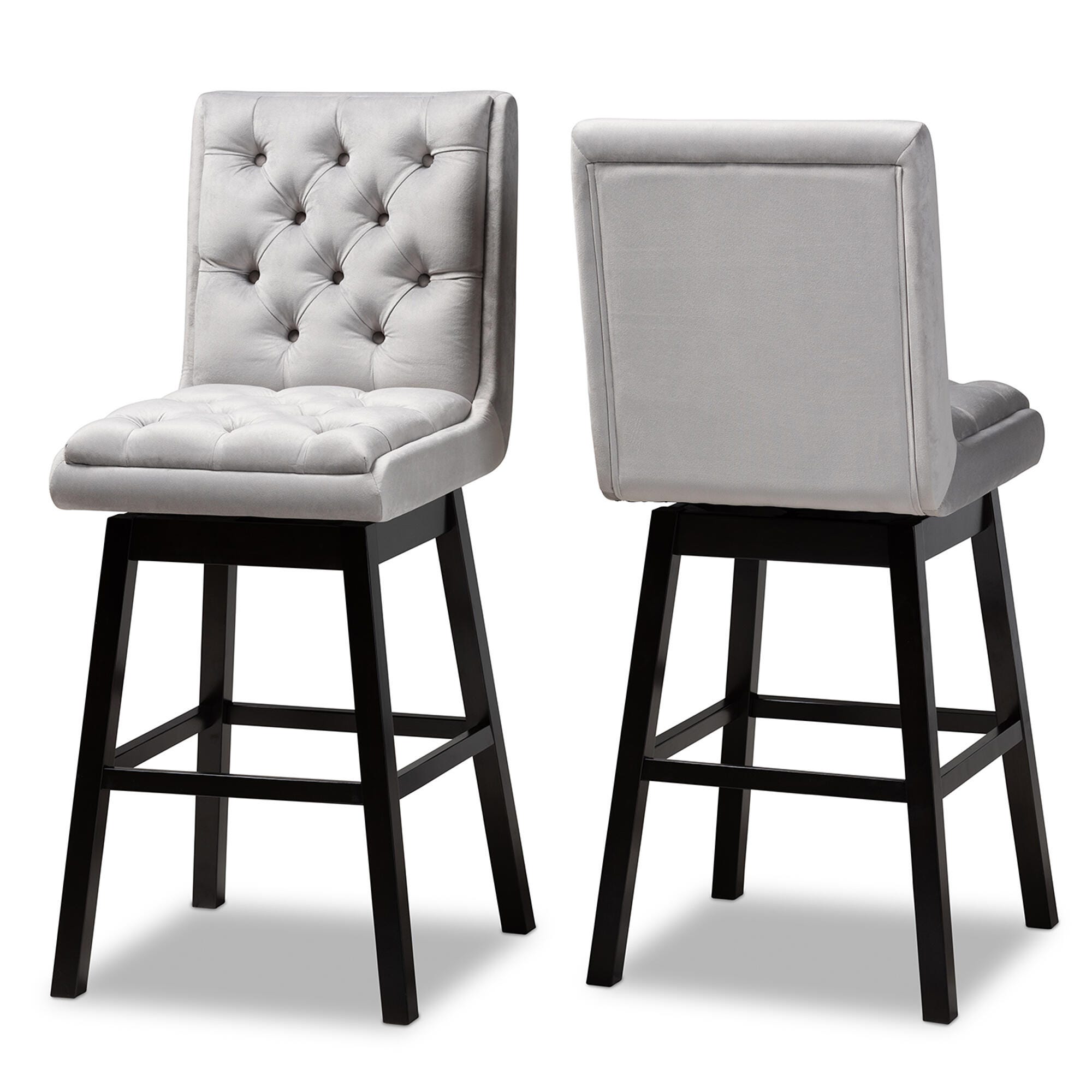 Gregory Modern Transitional Light Gray Velvet Fabric Upholstered and Dark Brown Finished Wood 2-Piece Swivel Bar Stool Set, Light Gray, large