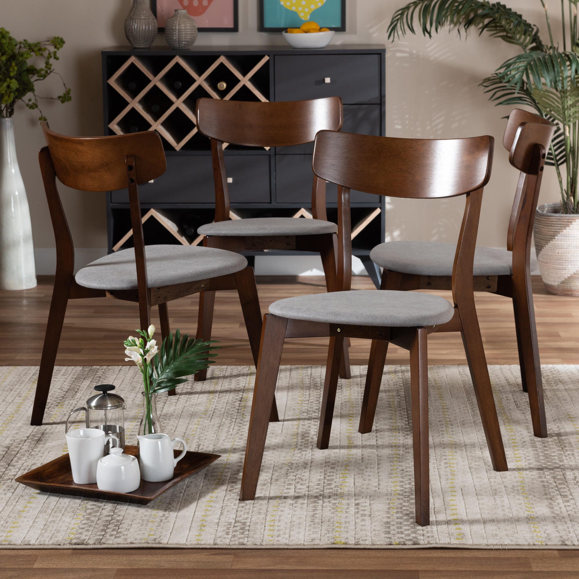 Iora Transitional Light Gray Fabric Upholstered and Walnut Brown Finished Wood 4-Piece Dining Chair Set, Gray, rollover