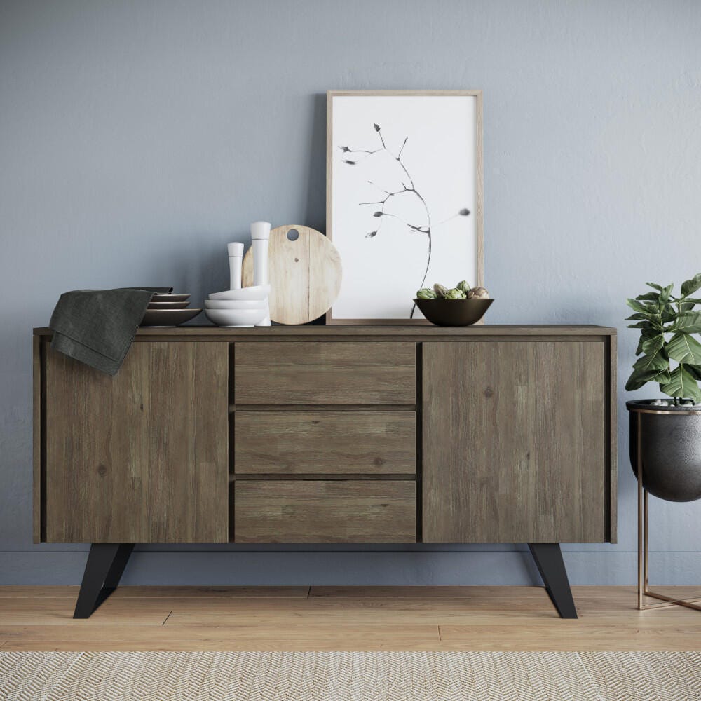 Lowry Solid Acacia Wood and Metal 60 inch WideRectangle Modern Industrial Sideboard Buffet, Gray, large