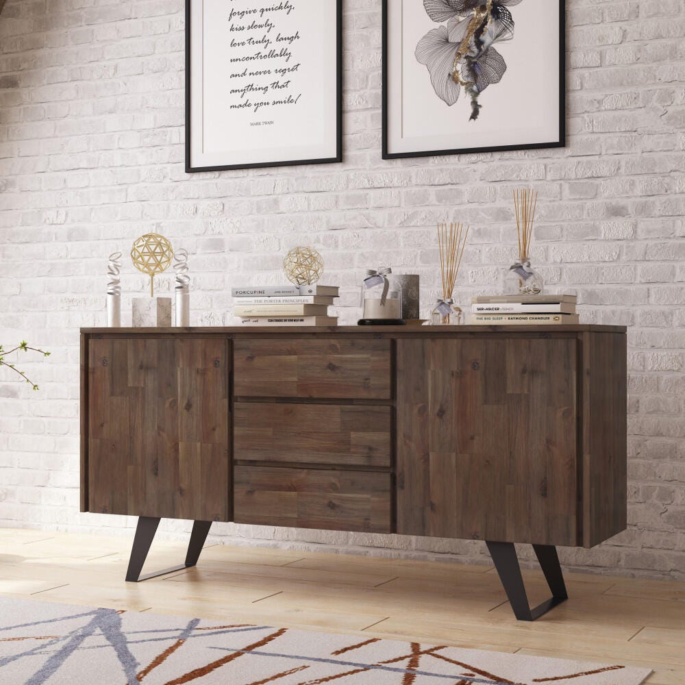 Lowry Solid Acacia Wood and Metal 60 inch Industrial Sideboard Buffet, Brown, rollover