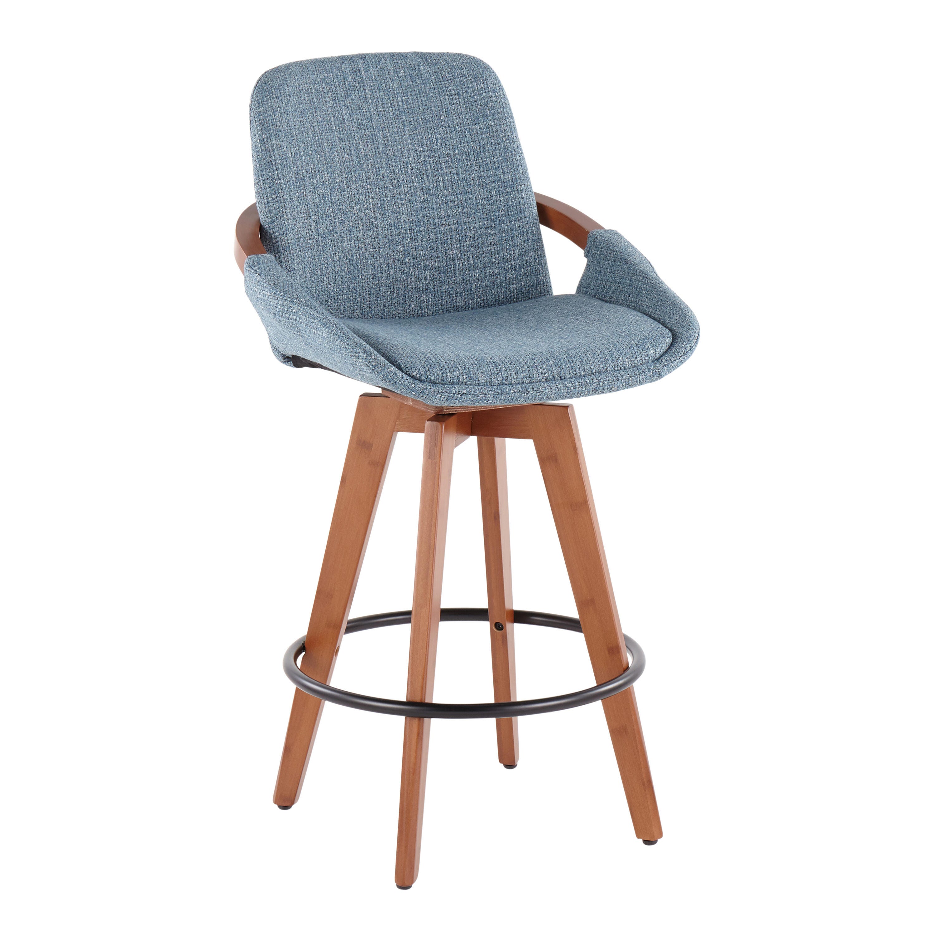 Cosmo Mid-Century Counter Stool in Walnut and Blue Noise Fabric, Walnut/Blue/Black, large