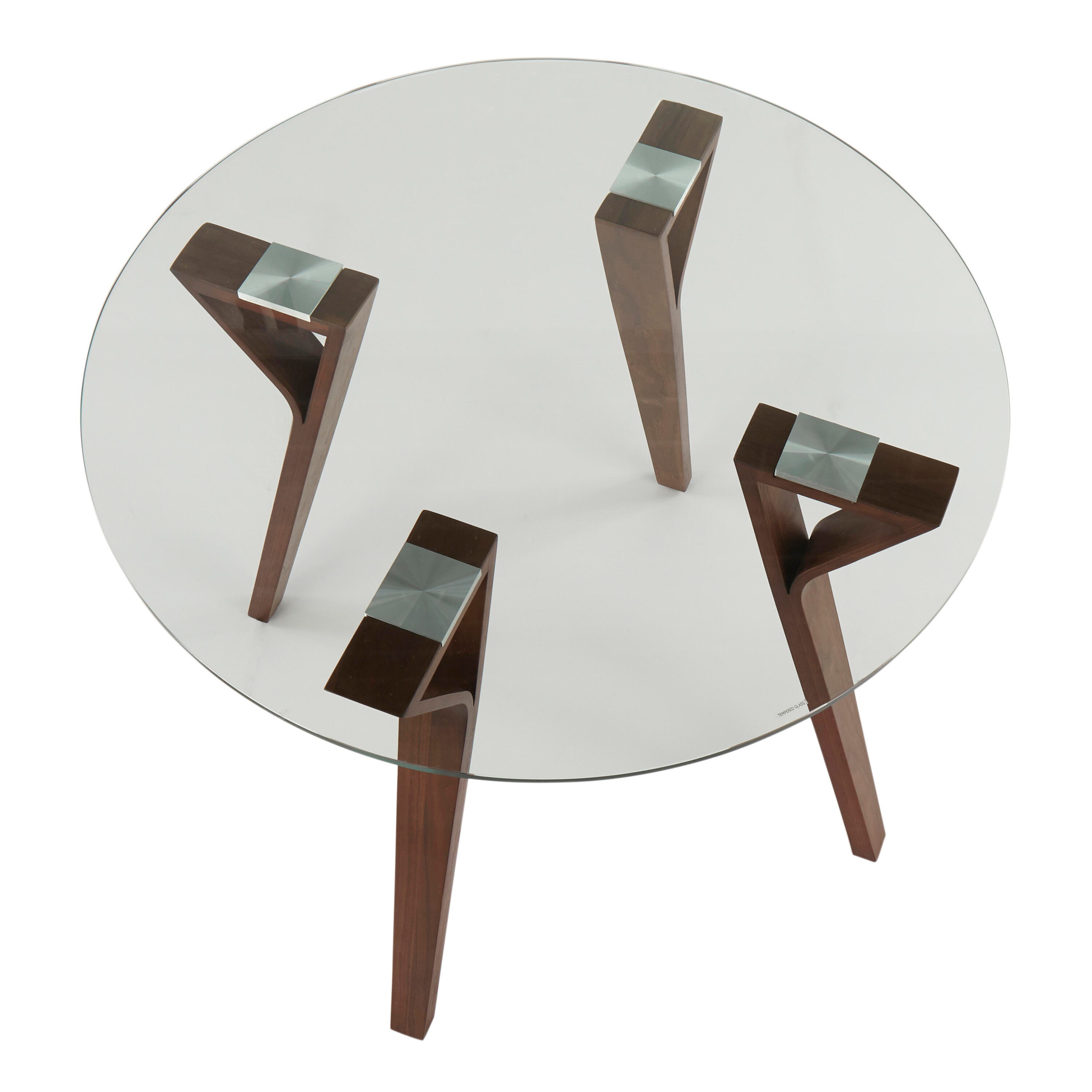 Folia Mid-Century Modern Round Dinette Table in Walnut Wood and Clear Glass, , large