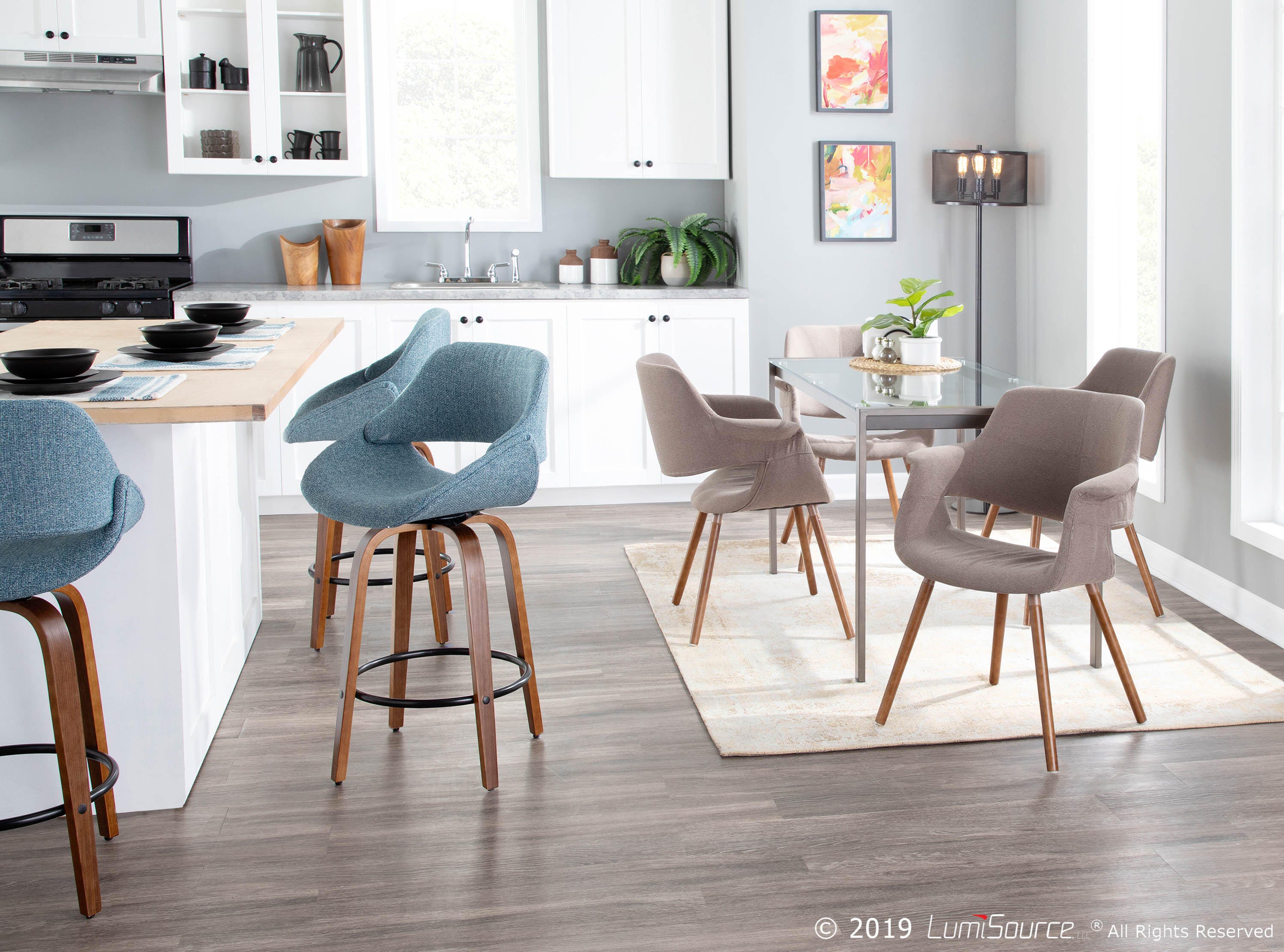 LumiSource Fabrico Counter Stool - Set of 2, Blue/Walnut, rollover